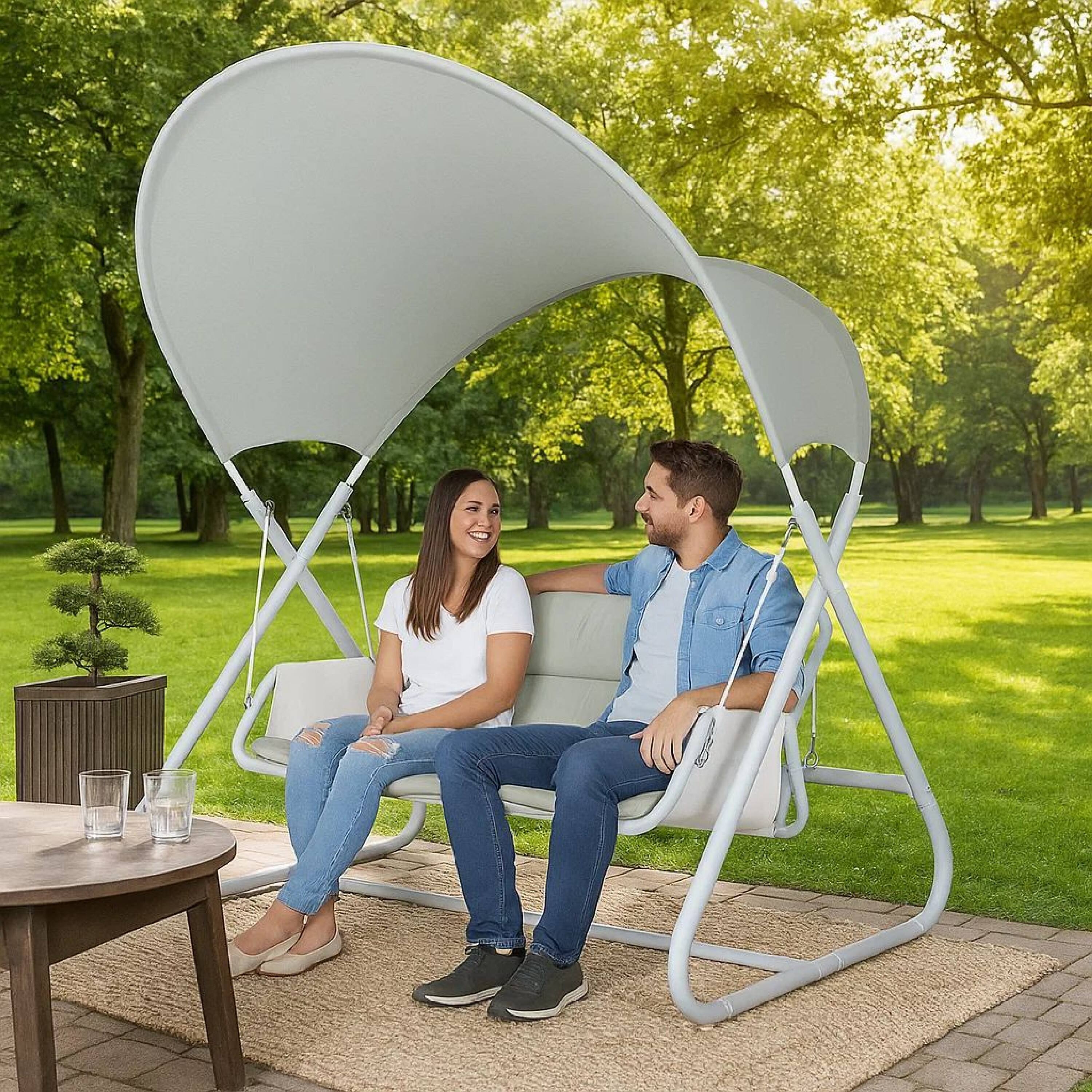 Alt View 7. Manhattan Lane - Diz Outdoor Hanging  Double Swing Sofa Chair, White Powder Coated Steel - White.