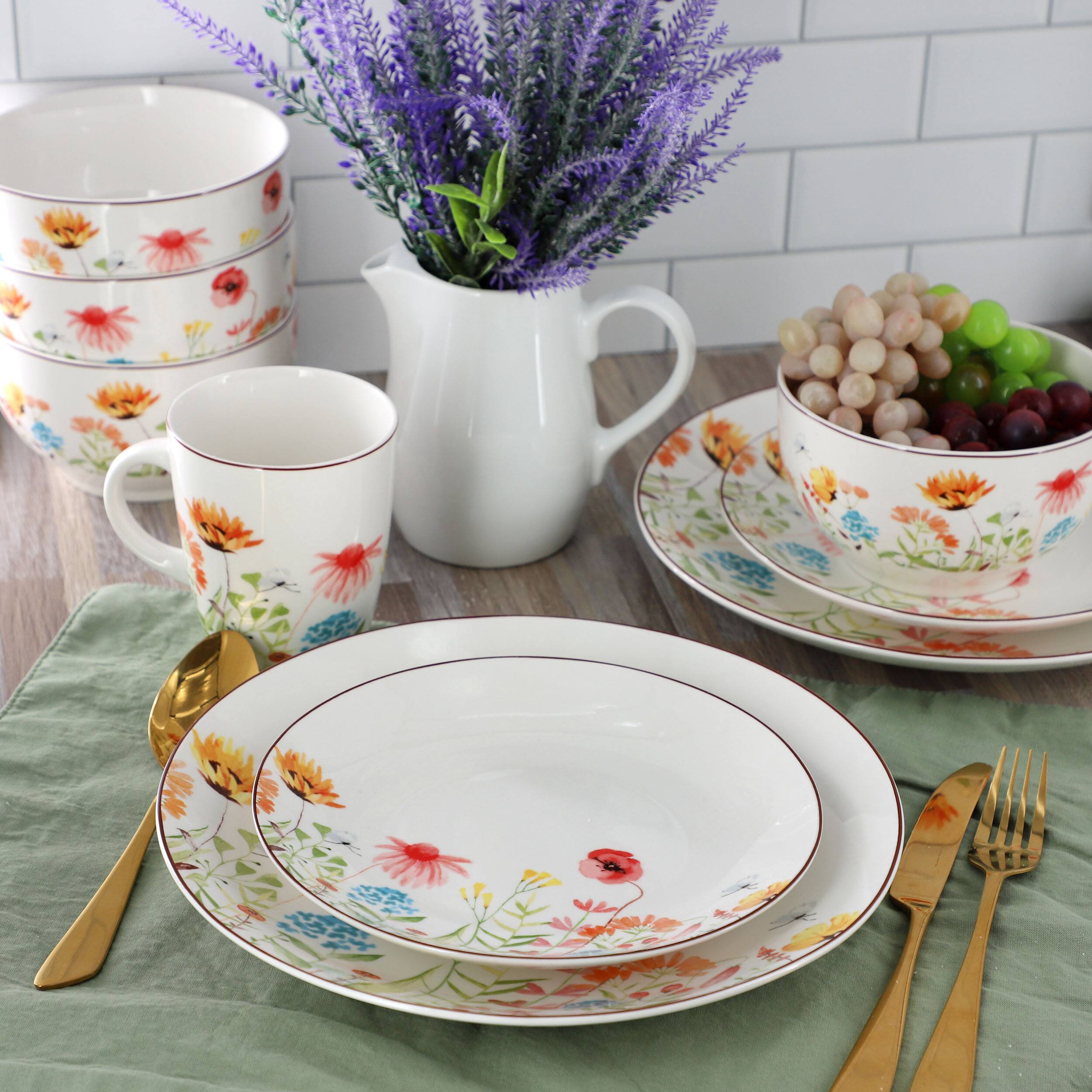 Alt View 7. Elama - Elama Wildflower Meadow 16 Piece Stoneware Dinnerware Set in White and Multi - White and Multi.