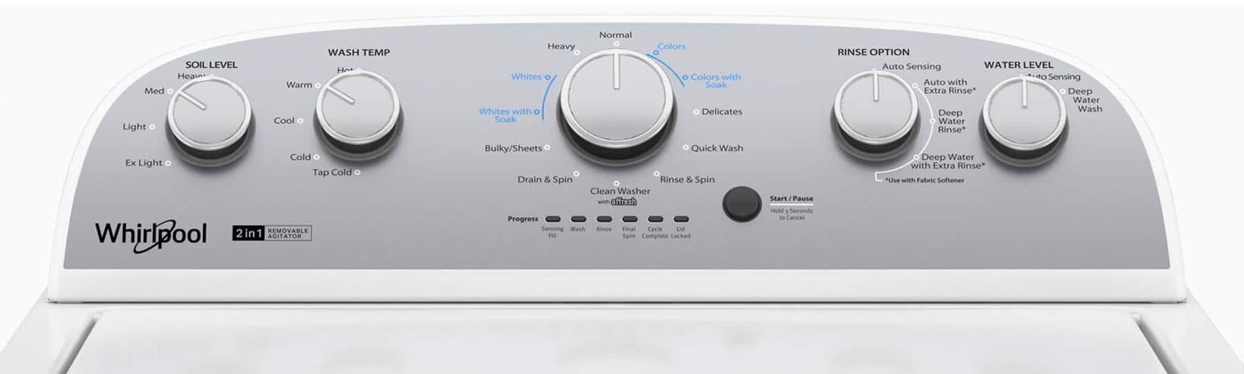 The text on the image is grouped and corrected as follows:
1. SOIL LEVEL Heavy Med Light WASH TEMP Warm Cool Heavy Whites Whites with Soak Normal Colors Colors with Soak Delicates
2. RINSE OPTION Auto Sensing WATER LEVEL to Sensing Auto with Extra Rinse Deep Water Wash Deep Water Rinse Cold Ex Light Tap Cold
3. REMOVABLE WhirlBool 2 in 1 AGITATOR Bulky/Sheets Quick Wash Drain & Spin Rinse & Spin Clean Washer with Attachments Progress Sensing Wash
4. Final Cycle Locked Start Pause Hold Seconds - Cancel Deep Water with Extra Rinse *Use with Fabric Softener