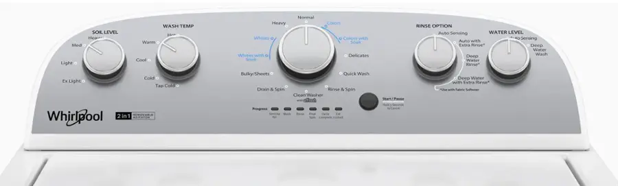 The text on the image is grouped and corrected as follows:

1. SOIL LEVEL Heavy Med Light WASH TEMP Warm Cool Heavy Whites Whites with Soak Normal Colors Colors with Soak Delicates
2. RINSE OPTION Auto Sensing WATER LEVEL to Sensing Auto with Extra Rinse Deep Water Wash Deep Water Rinse Cold Ex Light Tap Cold
3. REMOVABLE WhirlBool 2 in 1 AGITATOR Bulky/Sheets Quick Wash Drain & Spin Rinse & Spin Clean Washer with Attachments Progress Sensing Wash
4. Final Cycle Locked Start Pause Hold Seconds - Cancel Deep Water with Extra Rinse *Use with Fabric Softener