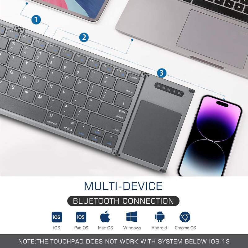 & N M A 1 R / F4 % 5 T G B F5 ^ 6 Y H N F8 F7 & 7 * 8 U I J K M command 2 F8 F9 4 F50 9 ) F1 0 - F12 O - + Delete P =  L E ) : ] ;  : I >  ? enter / return alt option shift home up

Podn and 3  ck

MULTI-DEVICE BLUETOOTH CONNECTION

iOS iOS iPad OS Mac OS Windows Android Chrome OS

NOTE: THE TOUCHPAD DOES NOT WORK WITH SYSTEM BELOW IOS 13