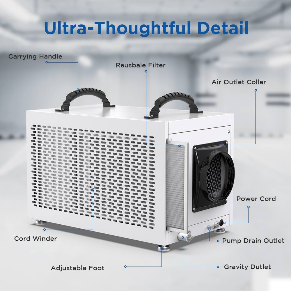 Ultra-Thoughtful Detail

- Carrying Handle
- Reusable Filter
- Air Outlet Collar
- Power Cord
- Cord Winder
- Pump Drain Outlet
- Gravity Ductlet
- Adjustable Foot