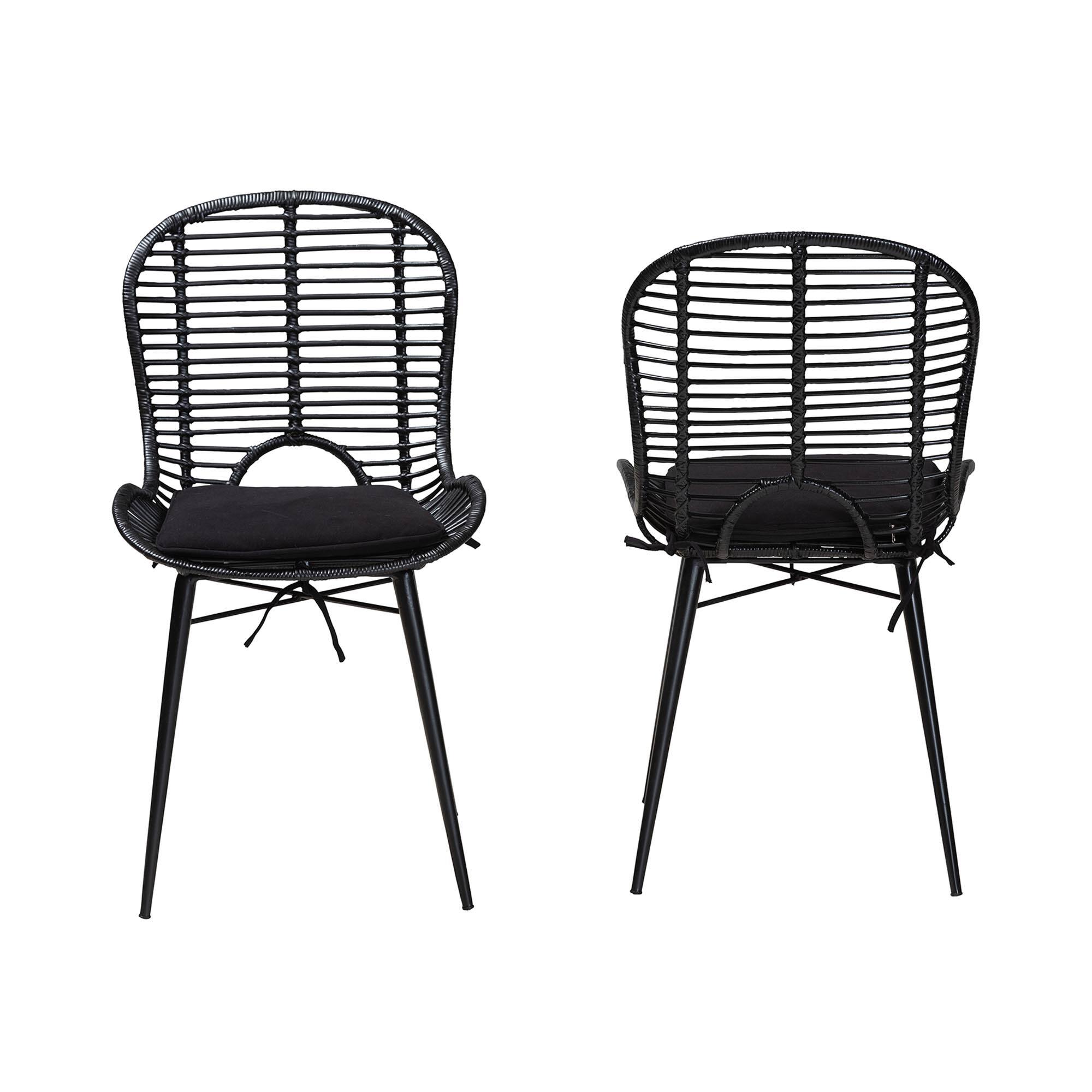 Angle. bali & pari - Brenna Modern Bohemian Finished Rattan and Metal 2-Piece Dining Chair Set - Black.