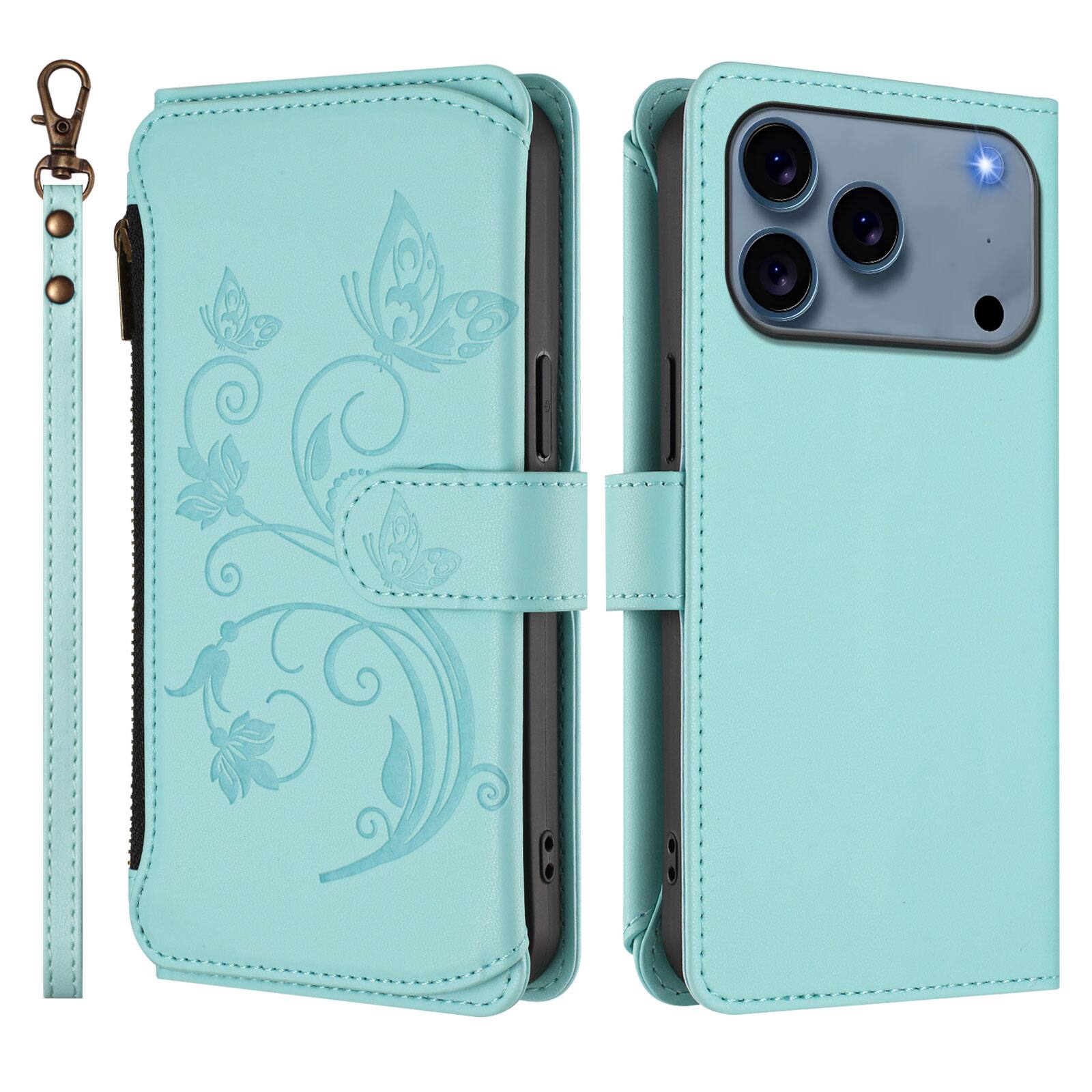 Angle. UUCOVER - Wallet Case for iPhone 17 Pro Max with Card Cash Slots, Zipper Pocket, Lanyard and Shoulder Strap, Flip Kickstand Cover - Green.