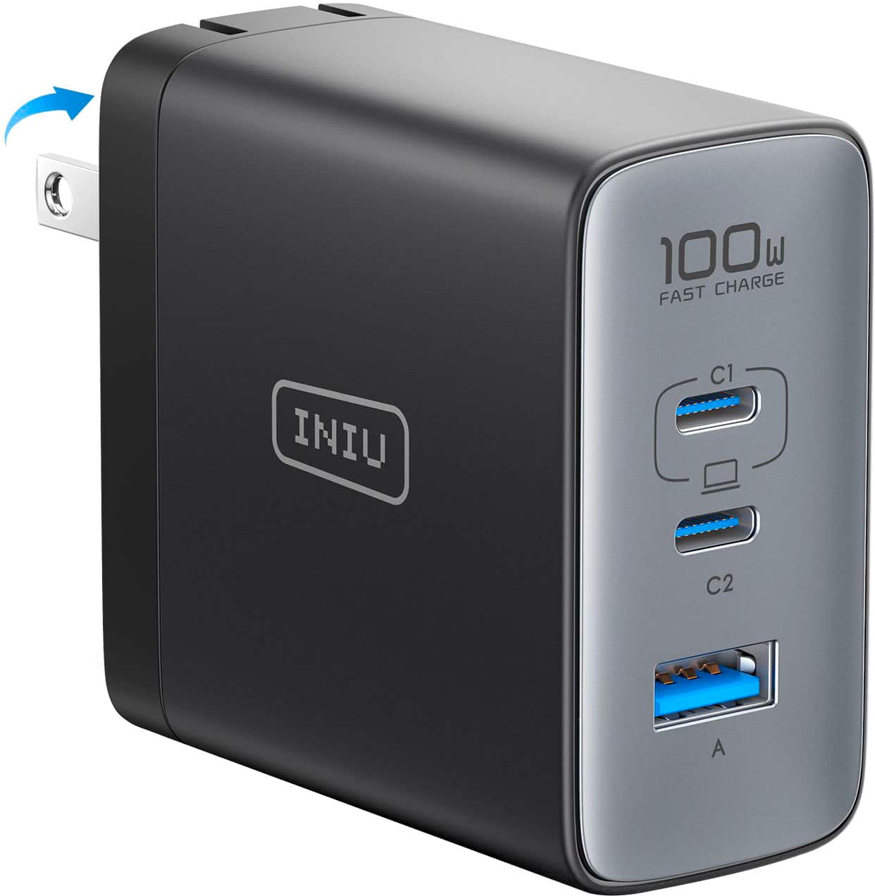 INIU - 100W USB C/A Wall Charger, GaN Fast Charge with Foldable Plug for iPhone 17 16 15 14 13 Samsung Google Pixel iPad Laptop - Black