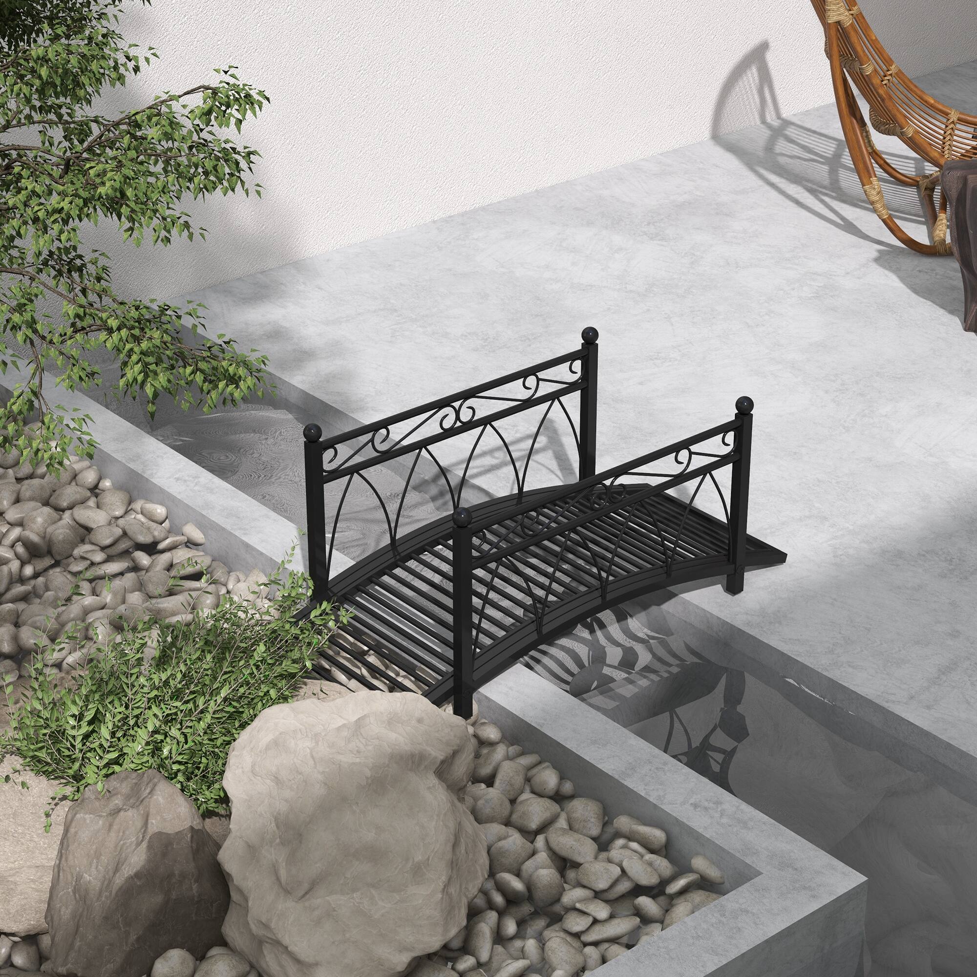 Alt View 1. Outsunny - 3.3' Metal Arch Zen Garden Bridge with Safety Siderails, Decorative Footbridge, Delicate Scrollwork & Corner Spheres - Black.
