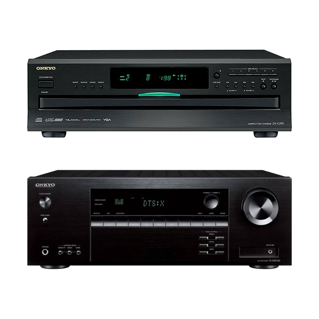 ONKYO  
CD changer DK-C390  
COMPACT DISC CHANGER DK-C390  
4 DISCS  
DIRECT DRIVE  
VOL  
ONKYO  
CONCERTO  
PURE AUDIO  
DTS:X  
AV RECEIVER TX-NR6300  
4K/60Hz HDMI  
DIRECT DRIVE