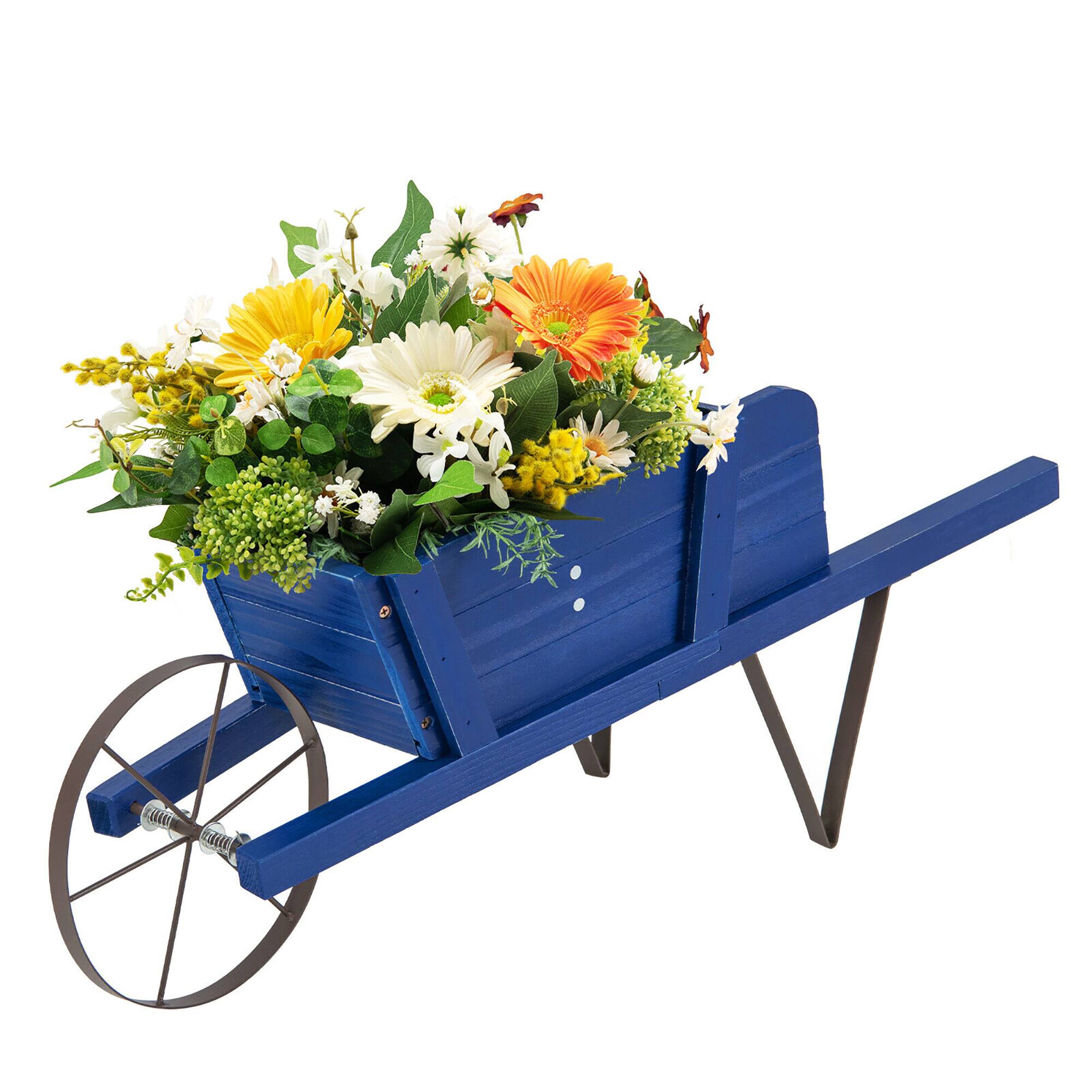 Alt View 9. Gymax - Gymax Wooden Wagon Planter Decorative Indoor/Outdoor Rustic Flower Cart w/Wheel Blue - Blue.