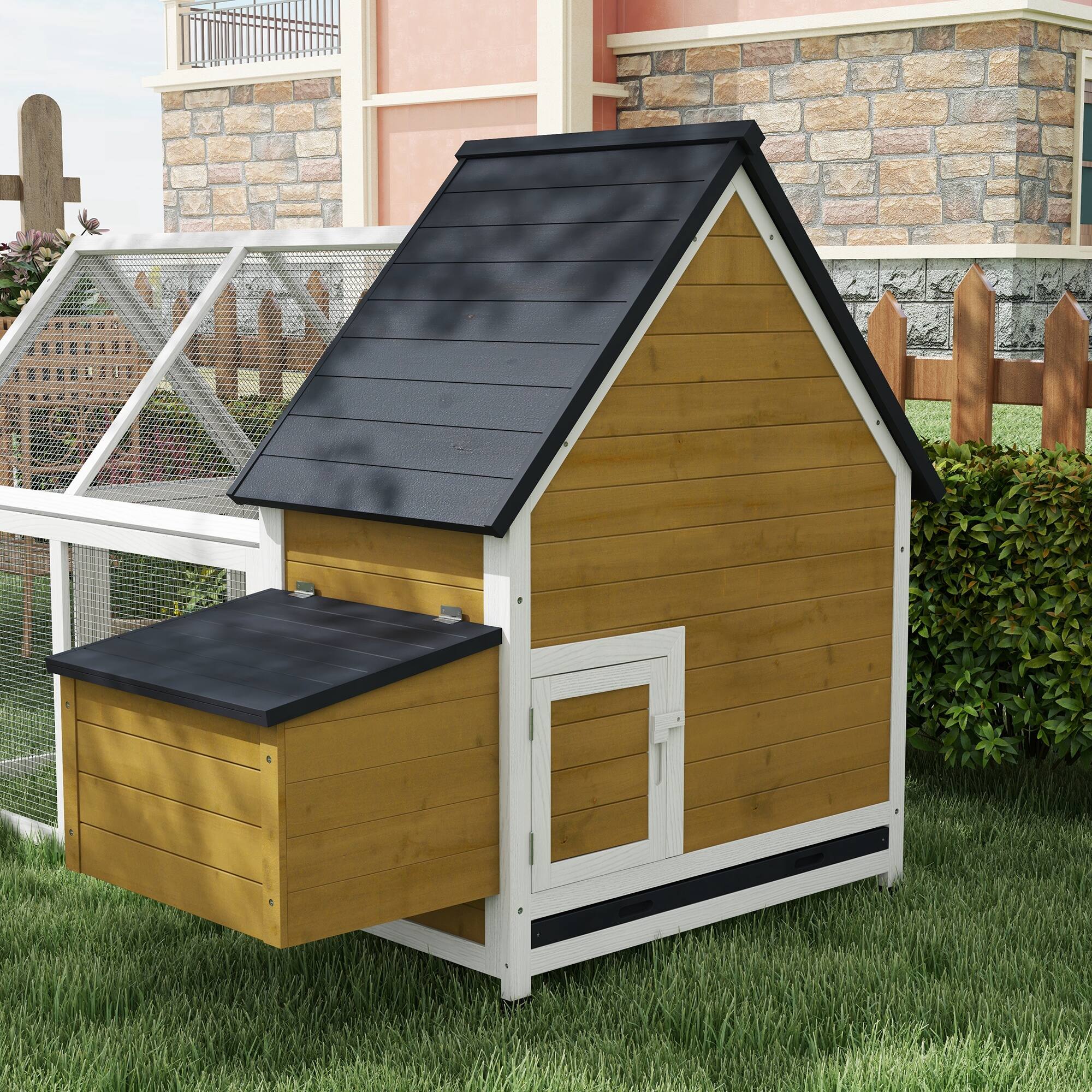 Alt View 4. Pawhut - 65" Chicken Coop Wooden with Detachable Run, Nesting Box, Removable Tray, Roosting Bars, Ramp, Backyard.
