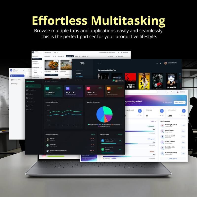 Effortless Multitasking  
Browse multiple tabs and applications easily and seamlessly.  
This is the perfect partner for your productive lifestyle.  

Recommended For You  
- $12,540.20  
- $4,200.00  
- $3,150.00  
- 75%  

CHILDREN OF THE CORN  
SCREAM  

Spending Categories  
- Food & Dining  
- Transportation  
- Entertainment  

Recent Transactions  
- Amazon  
- Starbucks  
- Republic Airways Work AG  

- 1,232  
- 43  
- 75%  

- AI Writing Assistant  
- Visual Creator  
- Voice Specialist  
- Social Specialist  
- AI Writing Assistant  

- $130.00  
- $0.00  
- $100.00  

- Start Creating  
- See All Mentors