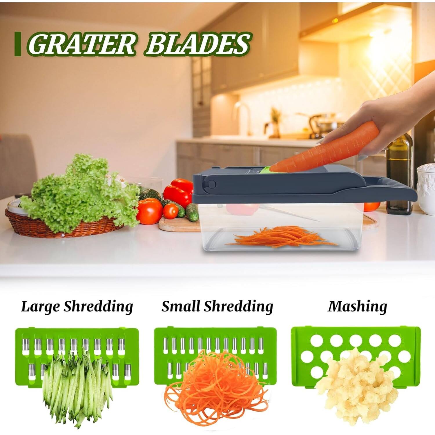GRATER BLADES
Large Shredding
Small Shredding
Mashing