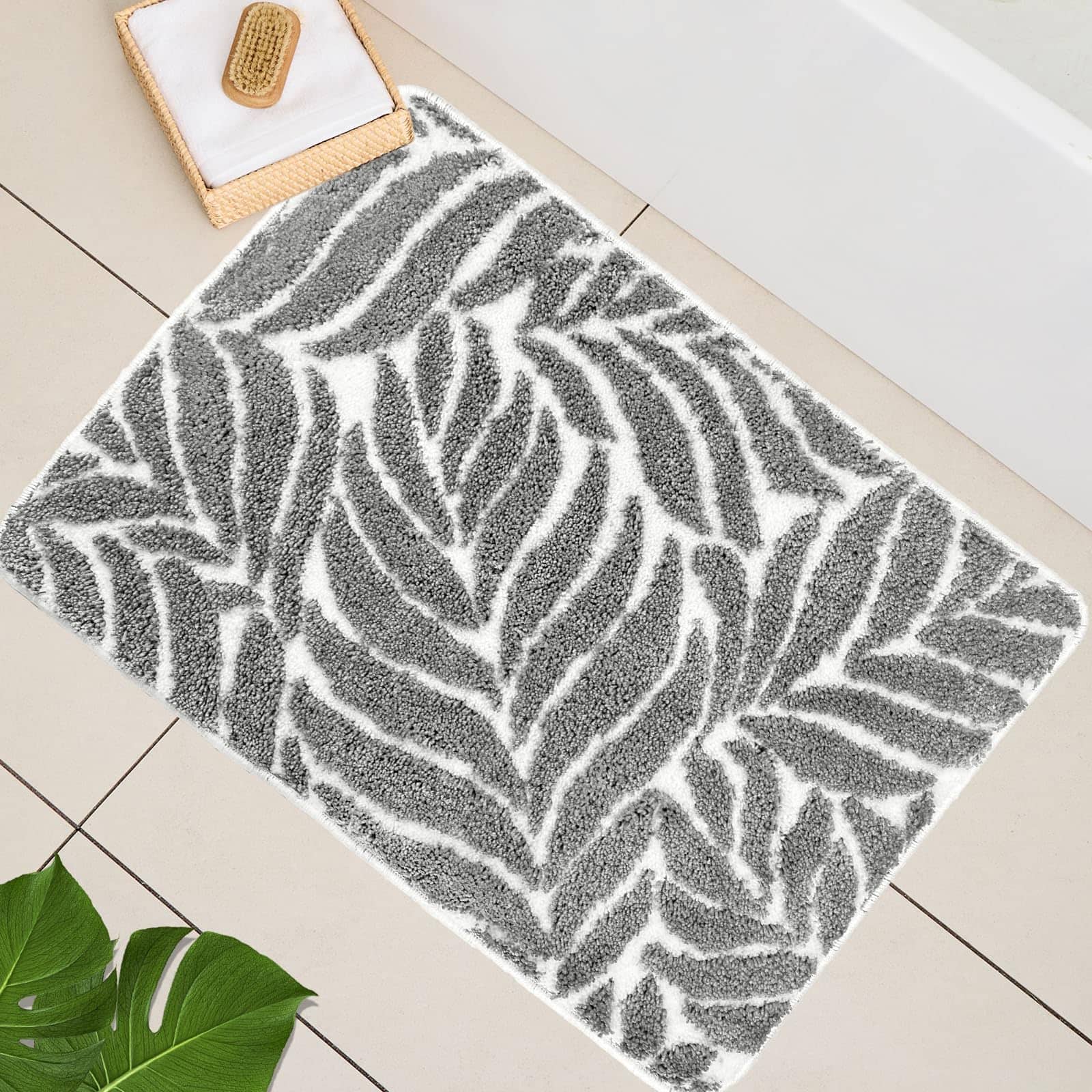 Paradigms Interiors - Bathroom Runner Rug - 4ft Long Bath Mat Leaf Bedroom Decor 47 Inches Rugs Water Absorbent For Bathtub Leaves 18 X 47 - Grey-1'4" x 2' (Rectangular)