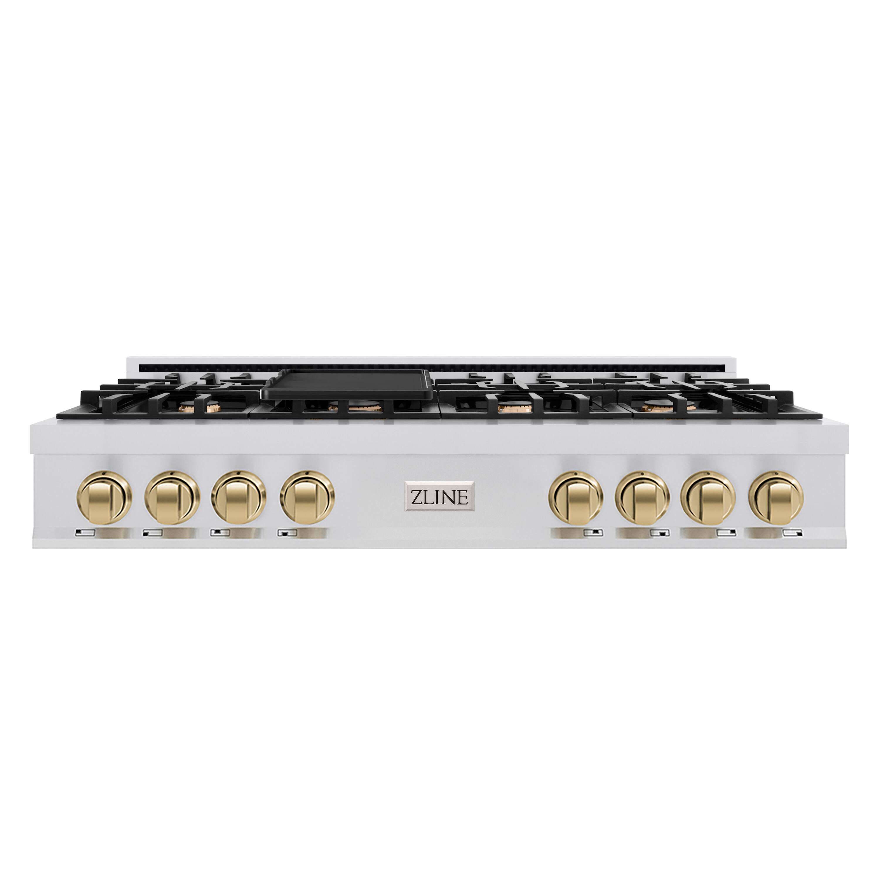 Front. ZLINE - ZLINE Autograph 48 in. Slide-In Classic Rangetop w/ 8 Burners in Stainless Steel & Champagne Bronze Accents - Stainless Steel.