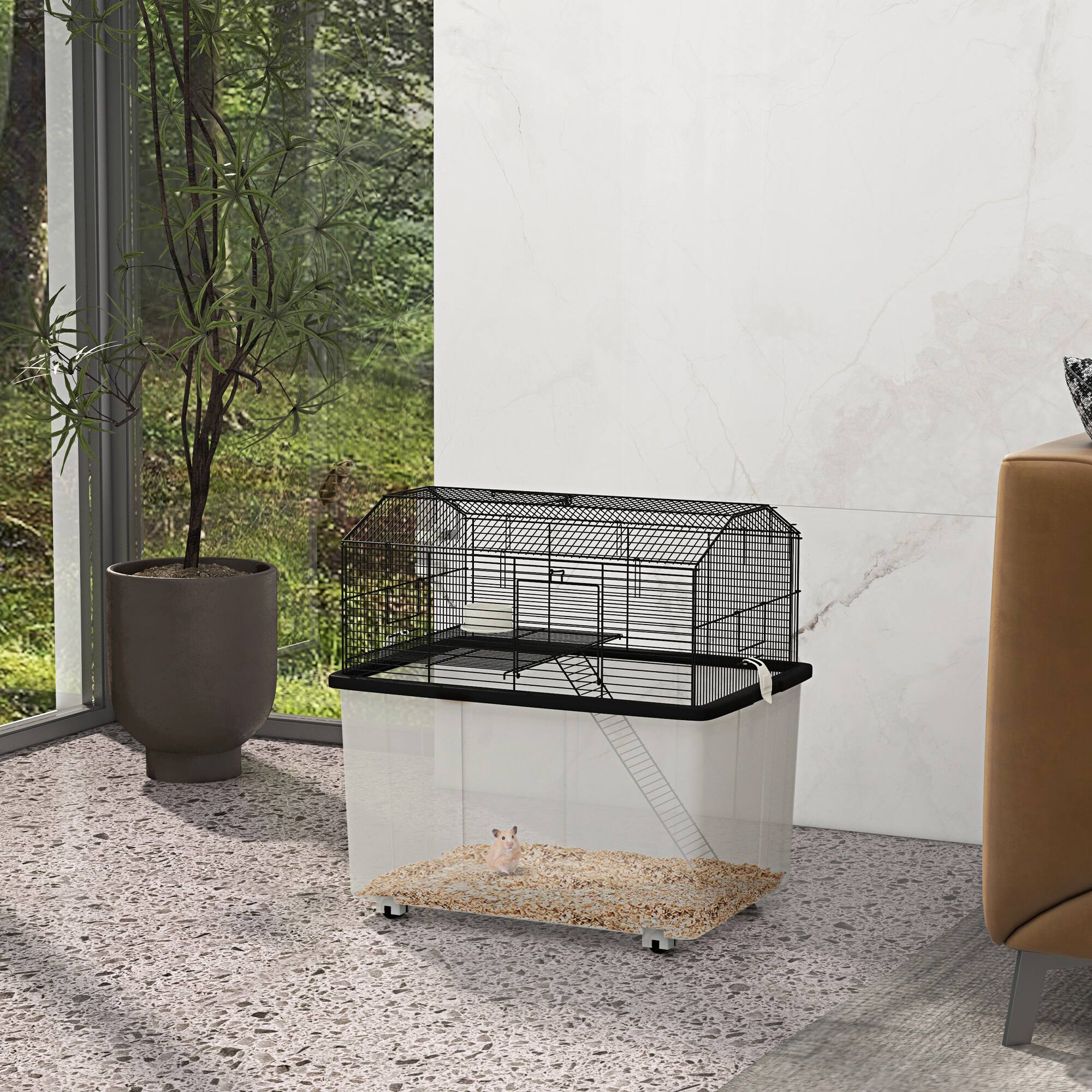 Alt View 1. Pawhut - 2-Tier Hamster Cage with Extra-Deep 14" Base, Small Animal Cage with Ramp, Water Bottle, Food Dish.