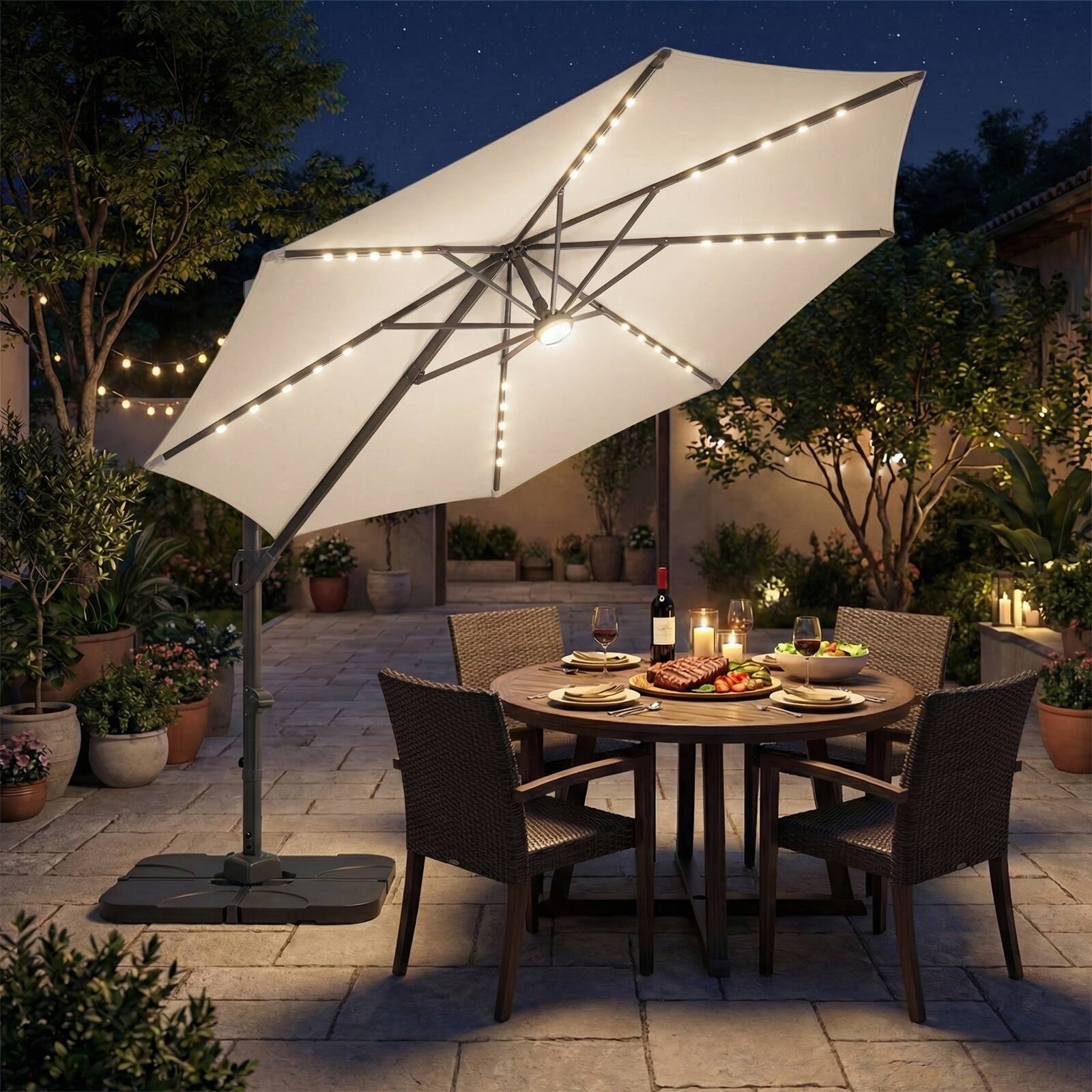 Alt View 1. Costway - Costway 10 FT Cantilever Patio Umbrella with 35 Solar LED Lights 220 LBS Base 360° Rotation - Beige + Black.