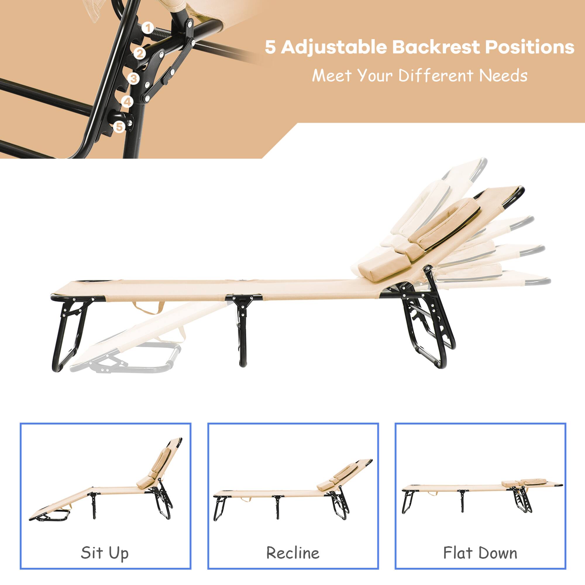 1 2 3

5 Adjustable Backrest Positions Meet Your Different Needs

4

5

Sit Up

Recline

Flat Down