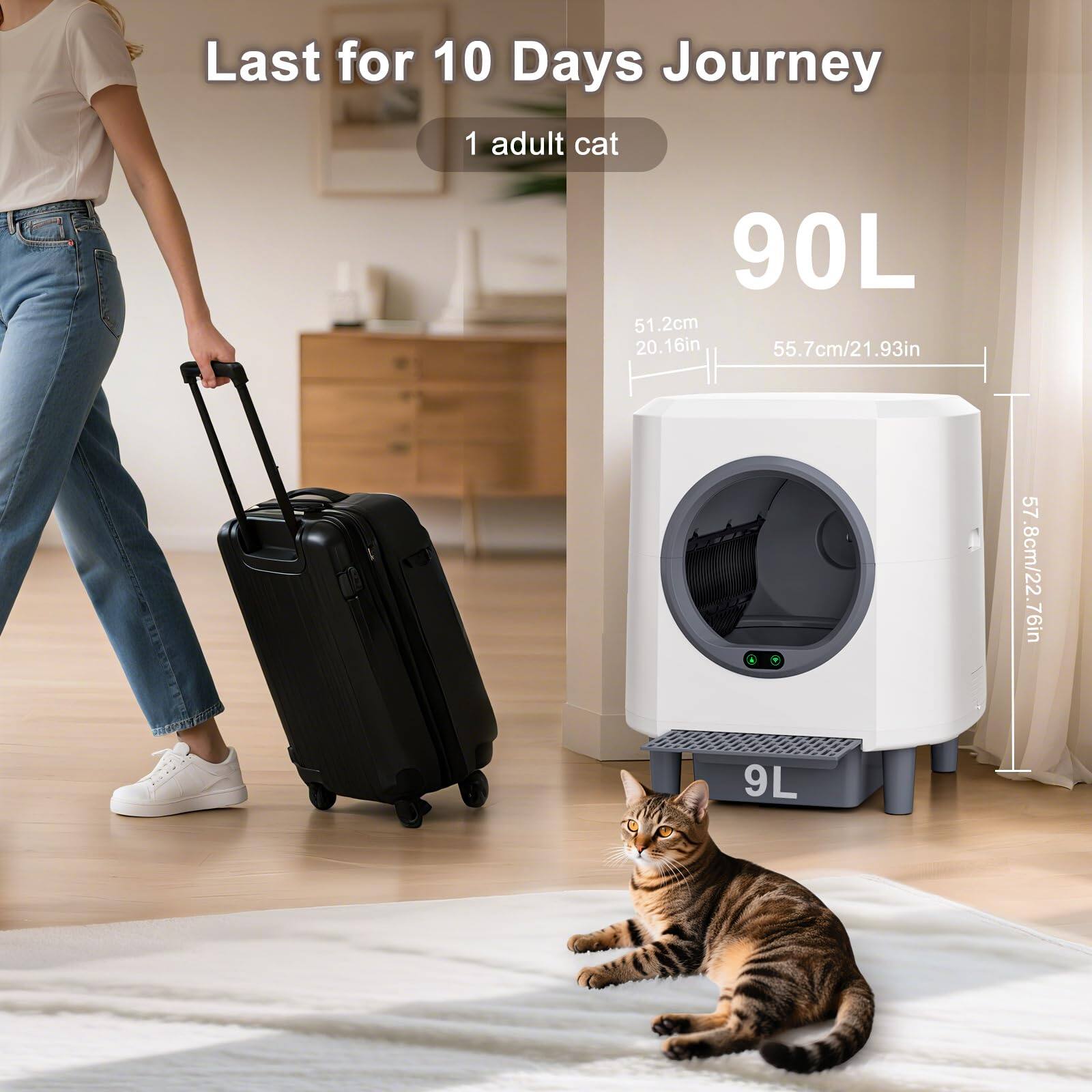 Last for 10 Days Journey  
1 adult cat  

90L  
51.2cm / 20.16in  
55.7cm / 21.93in  
57.8cm / 22.76in  
9L