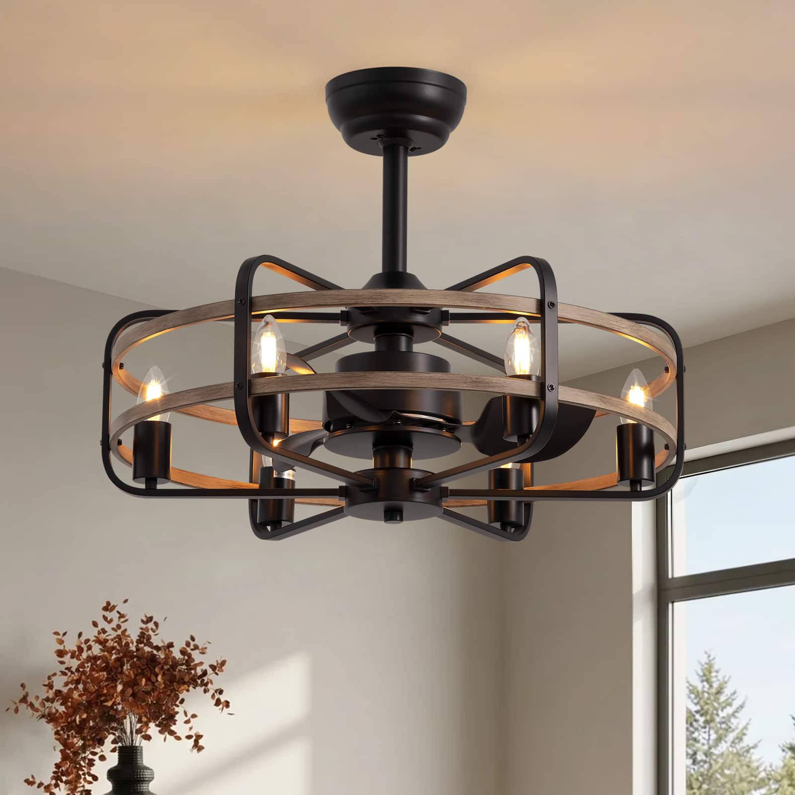 Siljoy - 24.8 Inch Farmhouse Gray Caged Ceiling Fan Light, 6 Candle Lights, 6-Speed Reversible for Bedroom Kitchen and Foyer - gray-brown wood grain
