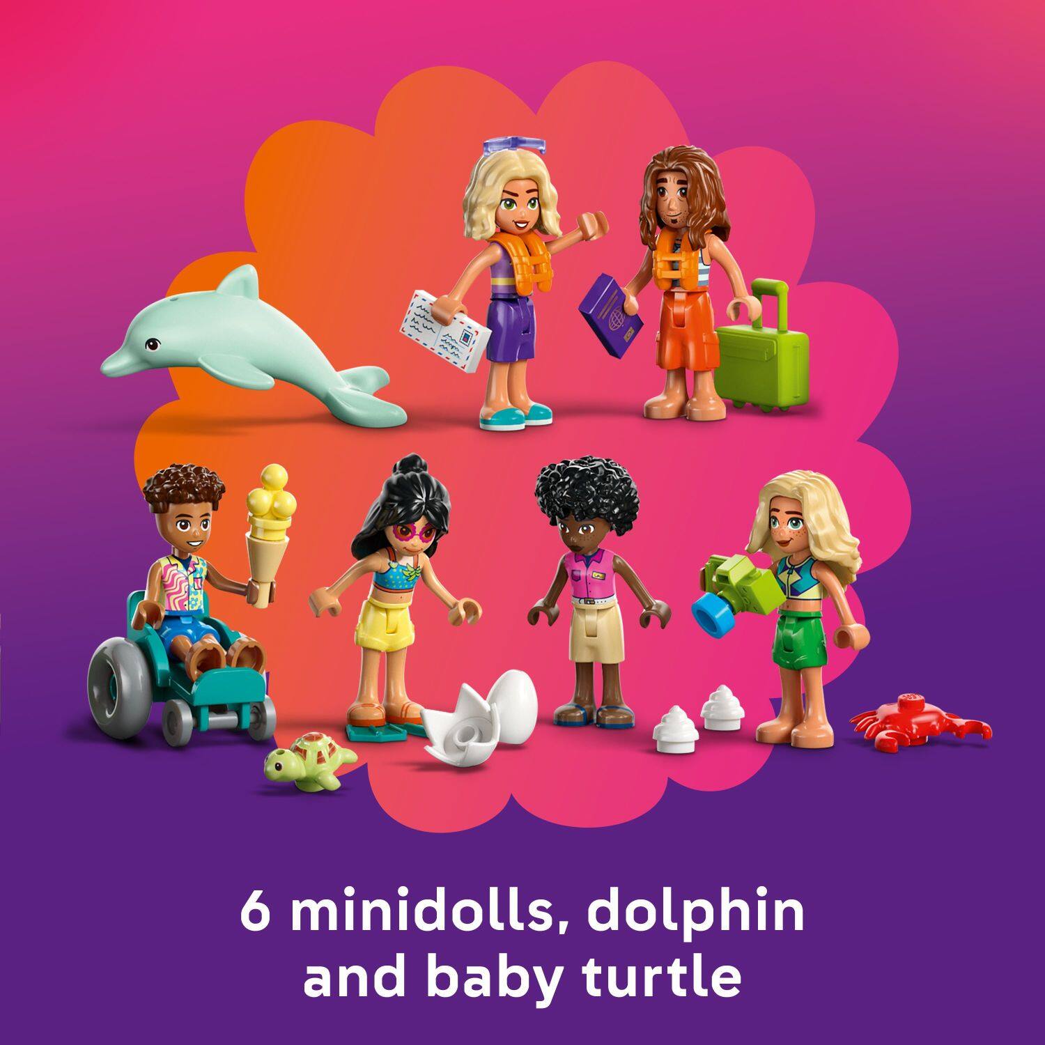 6 minidolls, dolphin and baby turtle
