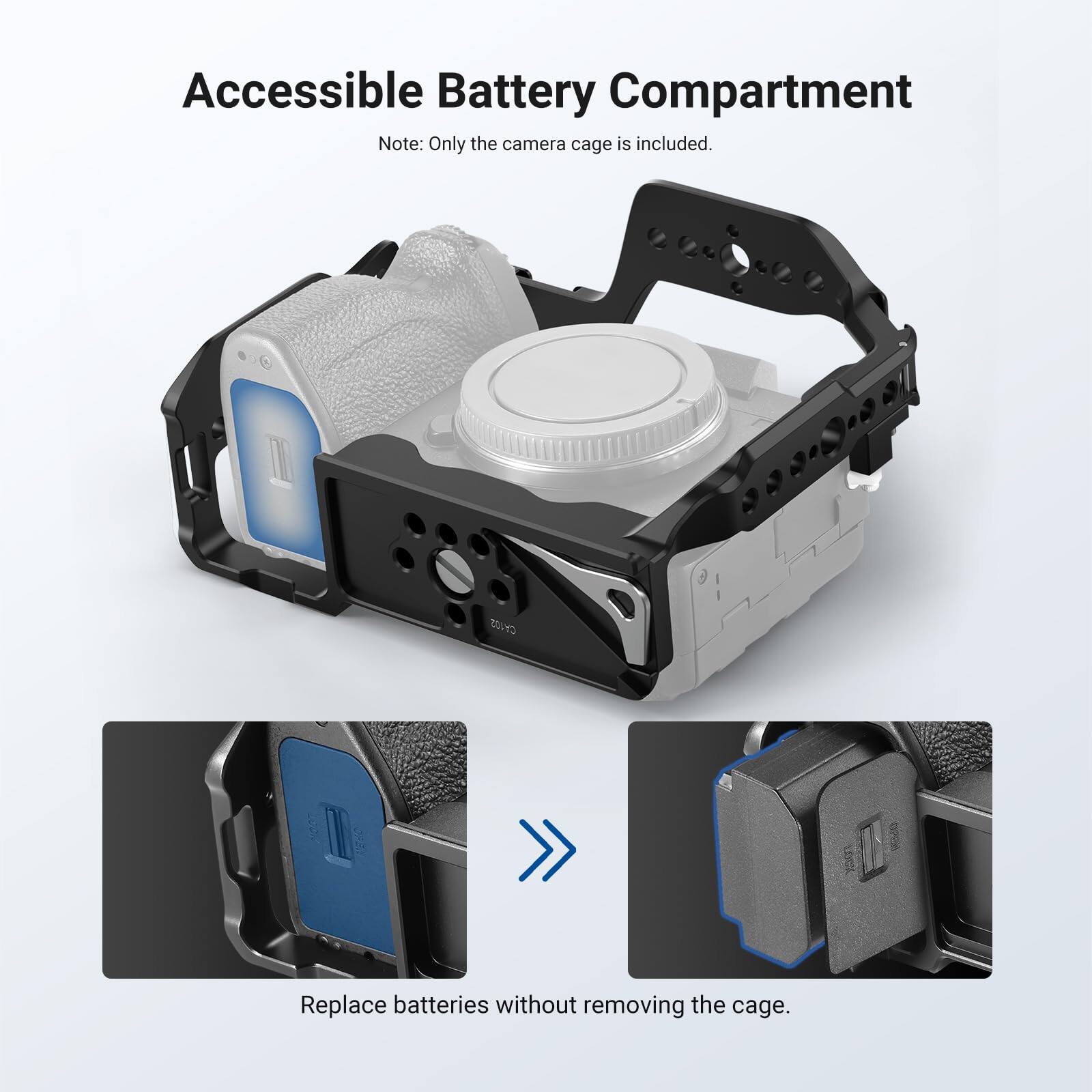 Accessible Battery Compartment  
Note: Only the camera cage is included.  

Replace batteries without removing the cage.
