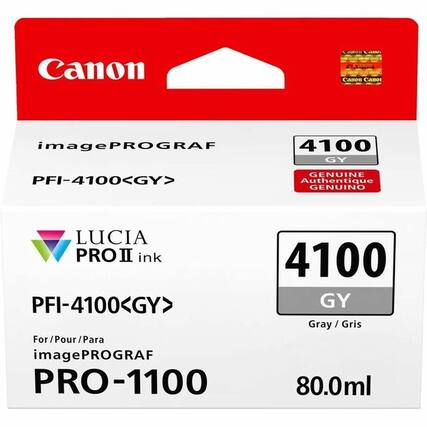 Canon
imagePROGRAF
PFI-4100<GY>
LUCIA PRO II ink
PFI-4100<GY>
For/Pour/Para imagePROGRAF PRO-1100
4100 GY
GENUINE Authentique GENUINO
Gray / Gris
80.0ml