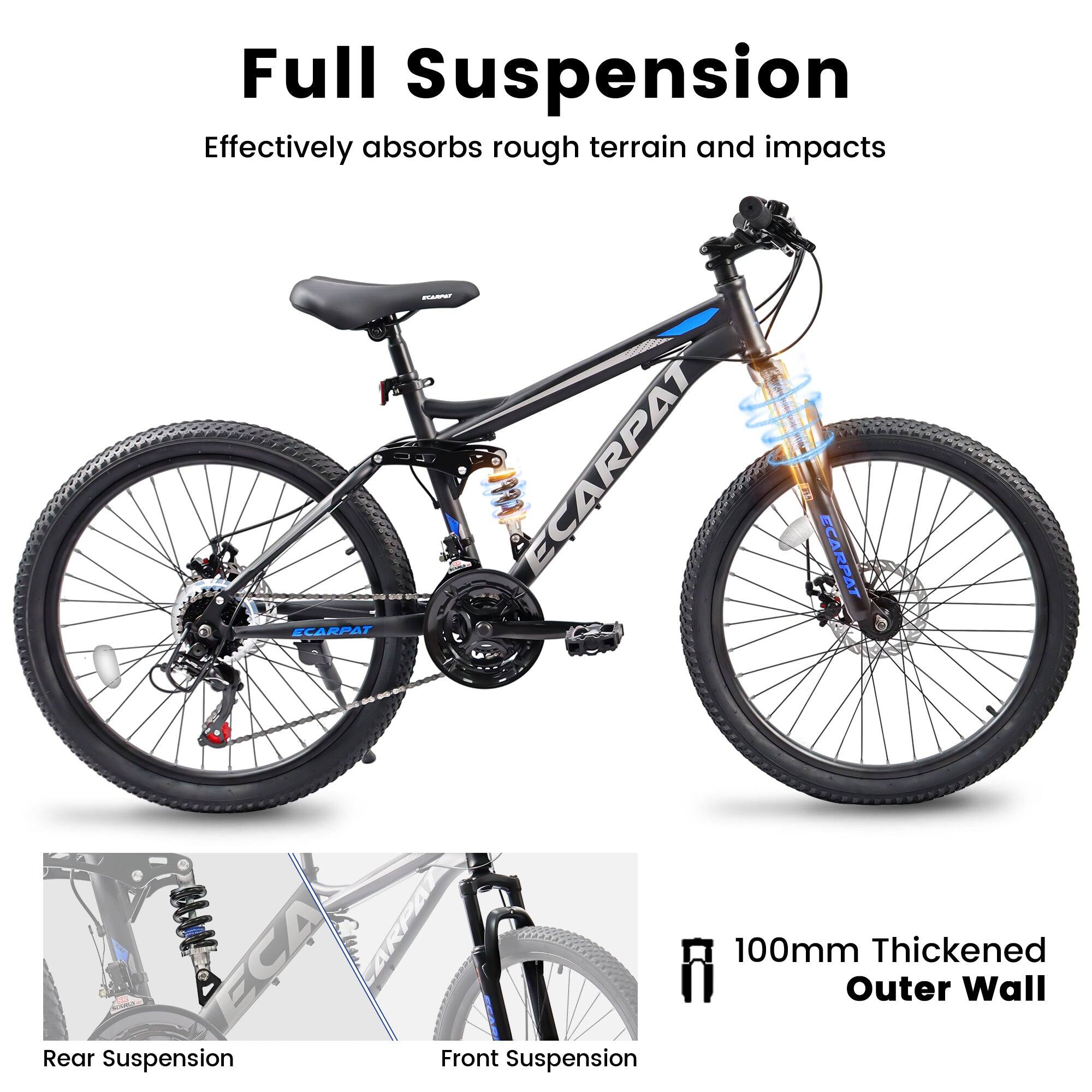 Full Suspension  
Effectively absorbs rough terrain and impacts  

Rear Suspension  
Front Suspension  

100mm Thickened Outer Wall