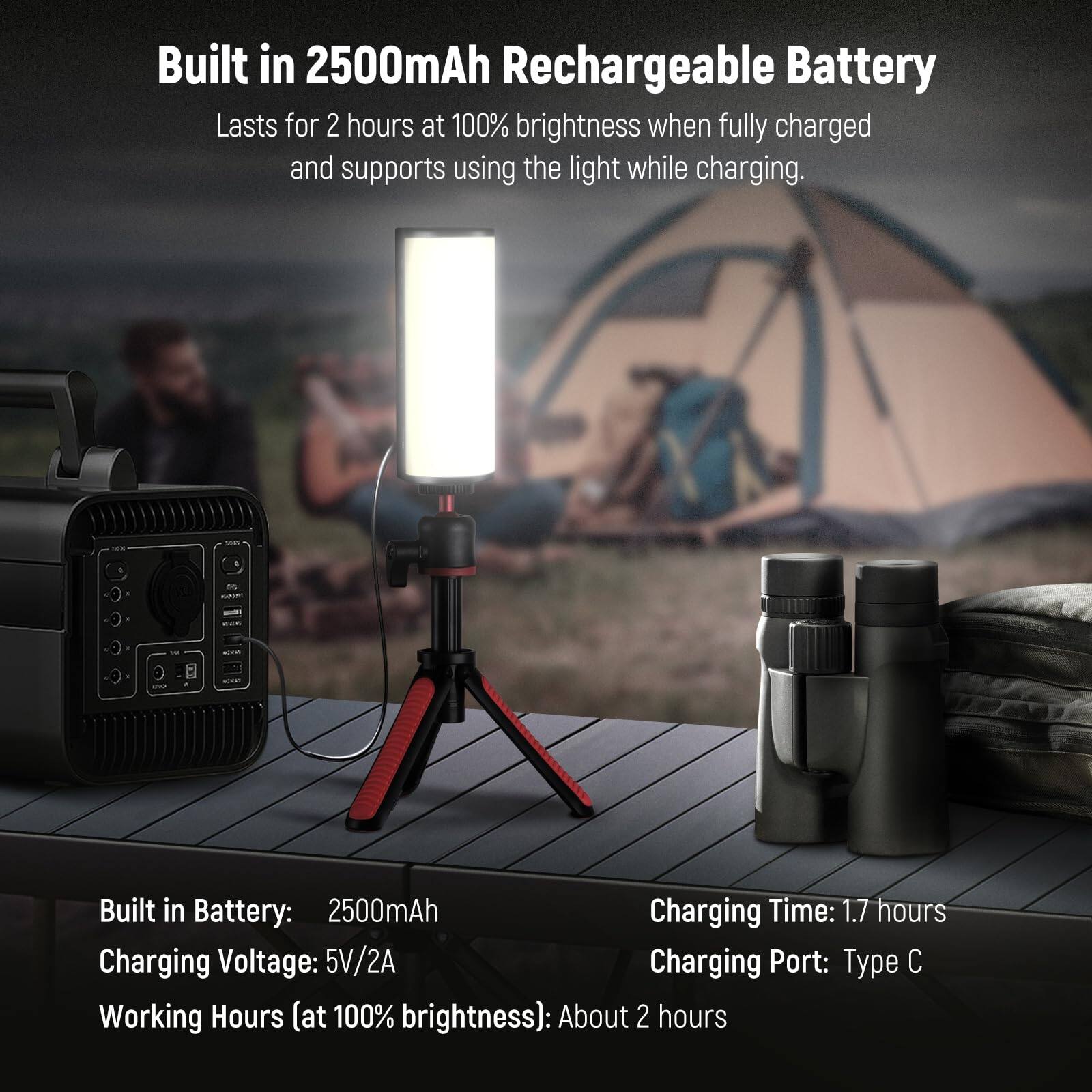 Built in 2500mAh Rechargeable Battery  
Lasts for 2 hours at 100% brightness when fully charged and supports using the light while charging.

- Built in Battery: 2500mAh  
- Charging Voltage: 5V/2A  
- Working Hours (at 100% brightness): About 2 hours  
- Charging Time: 1.7 hours  
- Charging Port: Type C