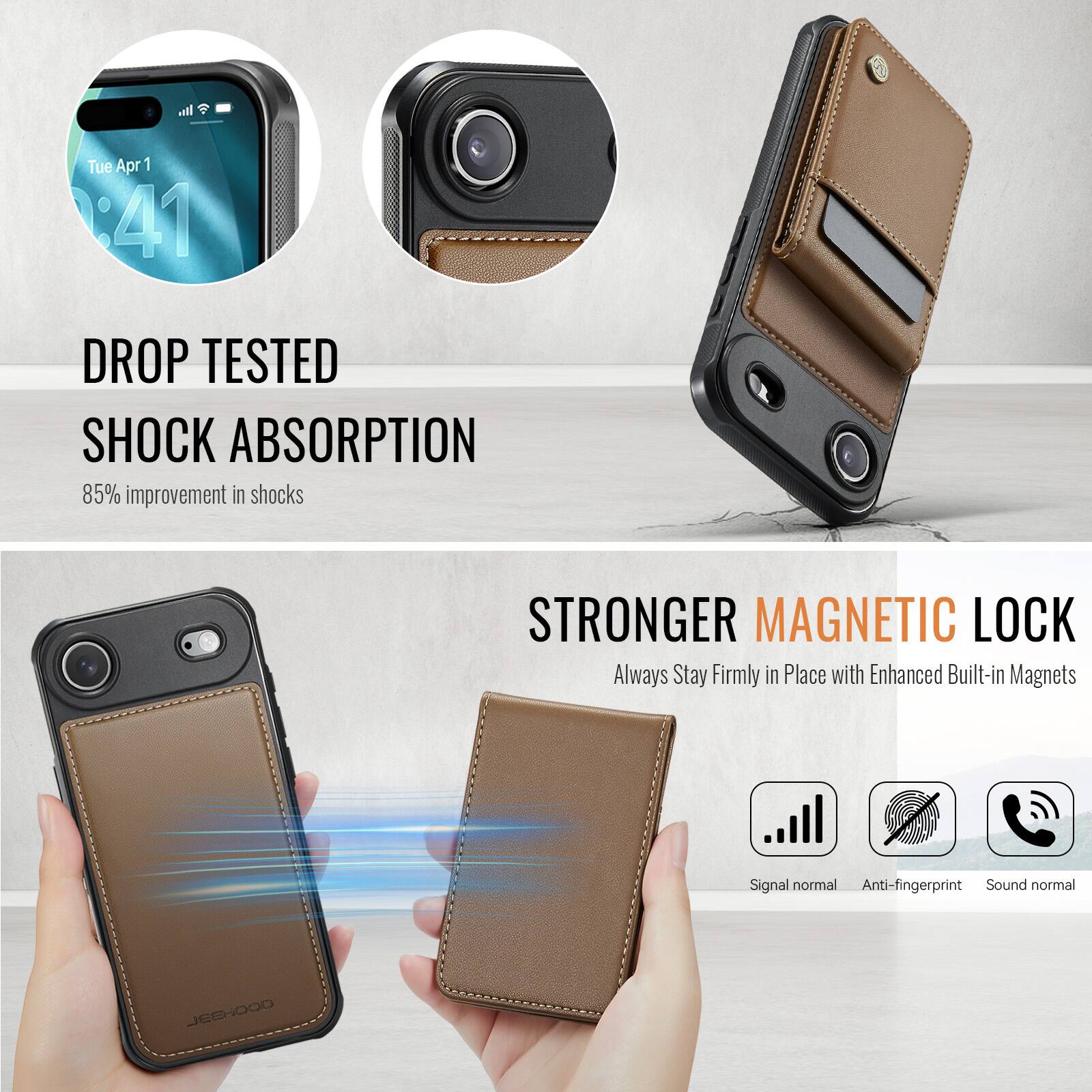Tue Apr 1 4:41 DROP TESTED SHOCK ABSORPTION 85% improvement in shocks STRONGER MAGNETIC LOCK Always Stay Firmly in Place with Enhanced Built-in Magnets Signal normal Anti-fingerprint Sound normal