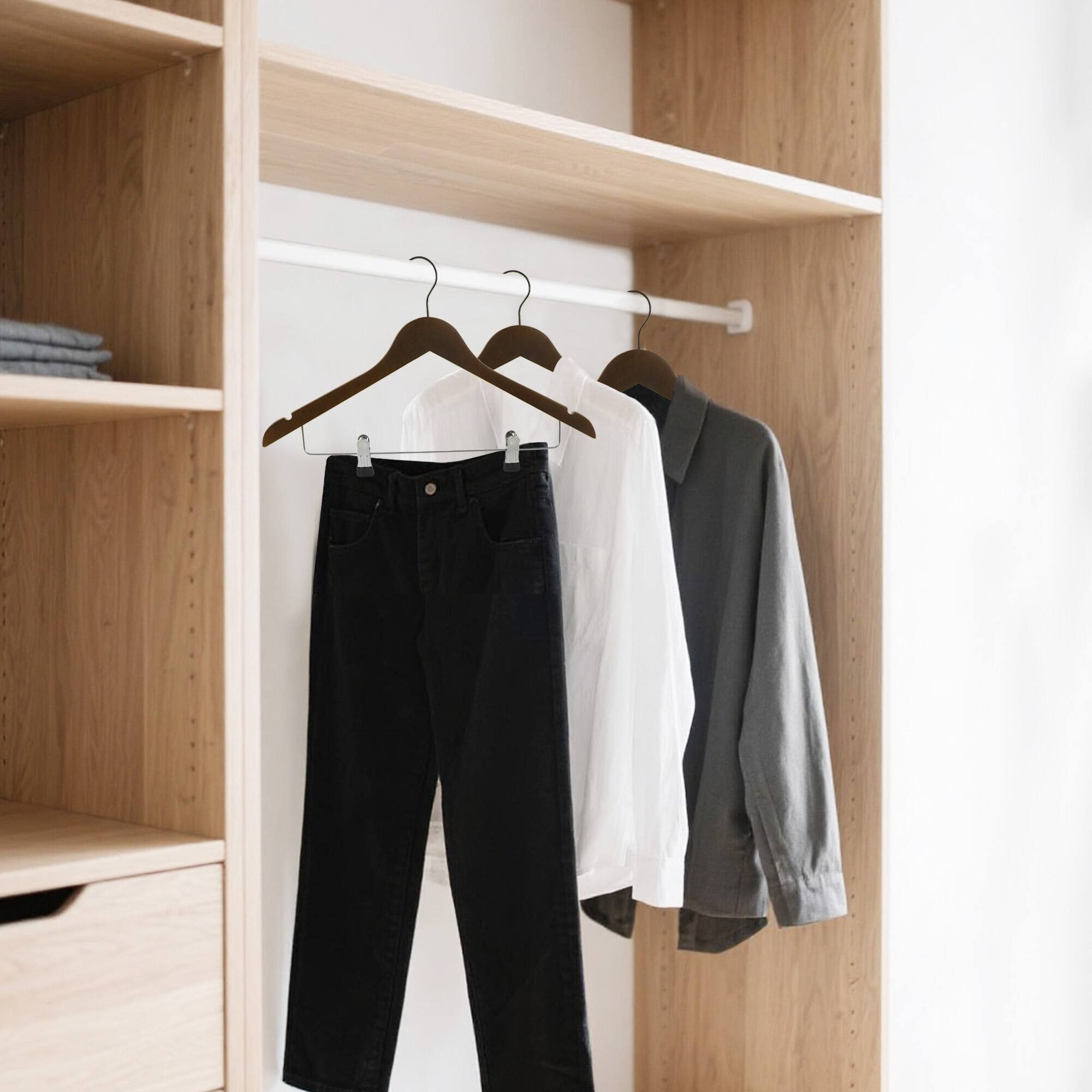 Alt View 2. BP4U - 12-Pack Premium Wooden Clothes Hangers with Swivel Hook, Solid Wood Skirts/Pants Hangers with Clips for Suits Coats - Walnut.