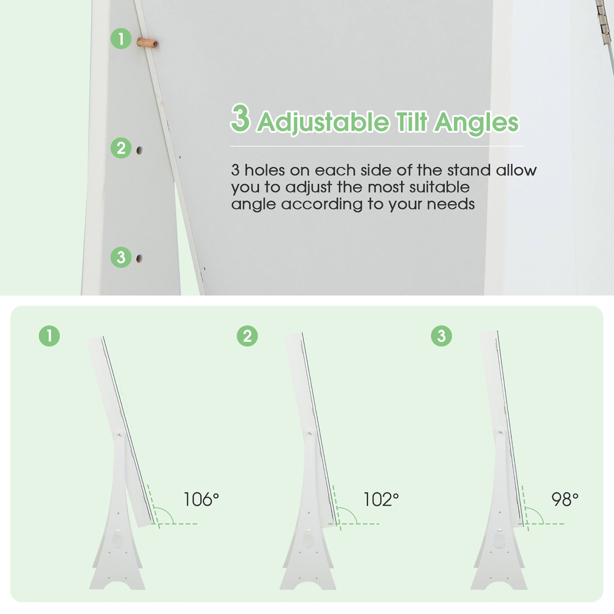 3 Adjustable Tilt Angles

3 holes on each side of the stand allow you to adjust the most suitable angle according to your needs

1. 106°
2. 102°
3. 98°