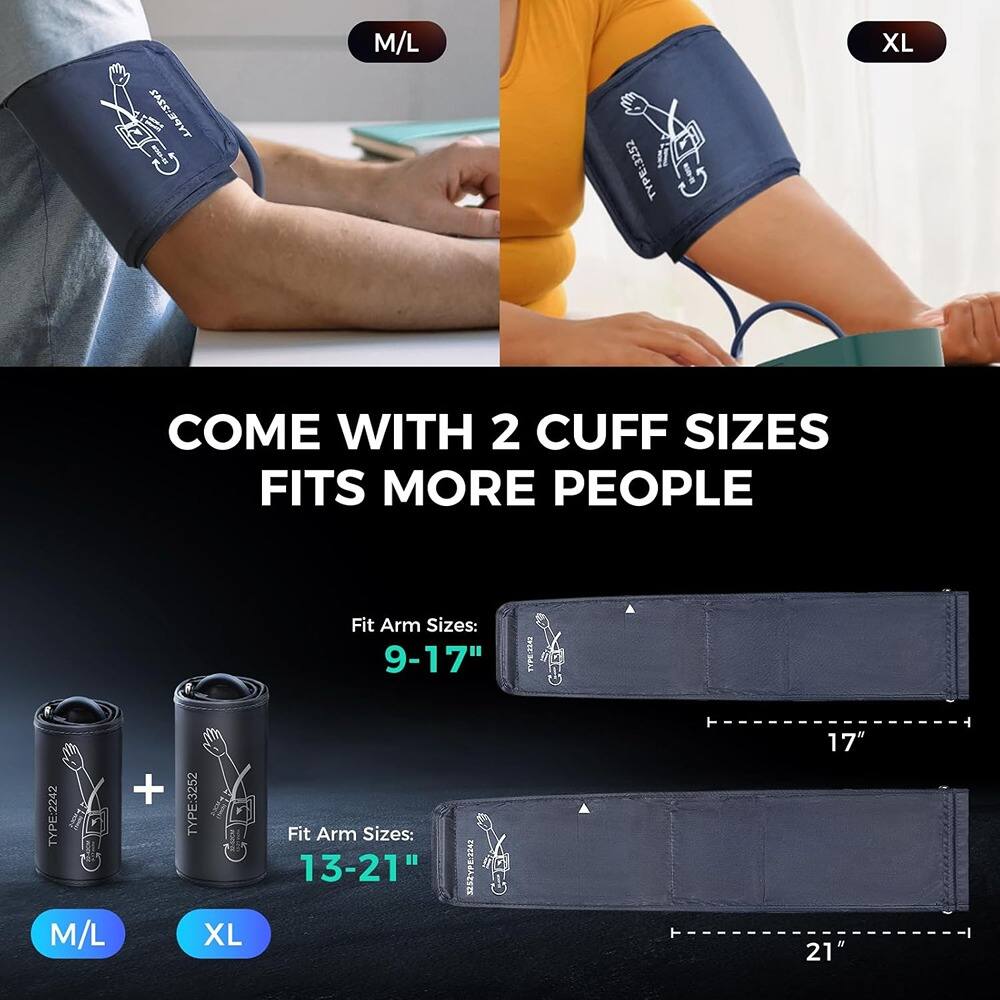 Sure, here is the corrected and grouped text:

---

**SASEIBHYT M/L**

**TYPE: 3252**

**XL**

**COME WITH 2 CUFF SIZES FITS MORE PEOPLE**

**Fit Arm Sizes: 9-17"**

**TYPE: 2242 M/L + TYPE: 3252 XL**

**Fit Arm Sizes: 13-21"**

---

**M/L**

**XL**

**Fit Arm Sizes: 9-17"**

**Fit Arm Sizes: 13-21"**

**17"**

**21"**