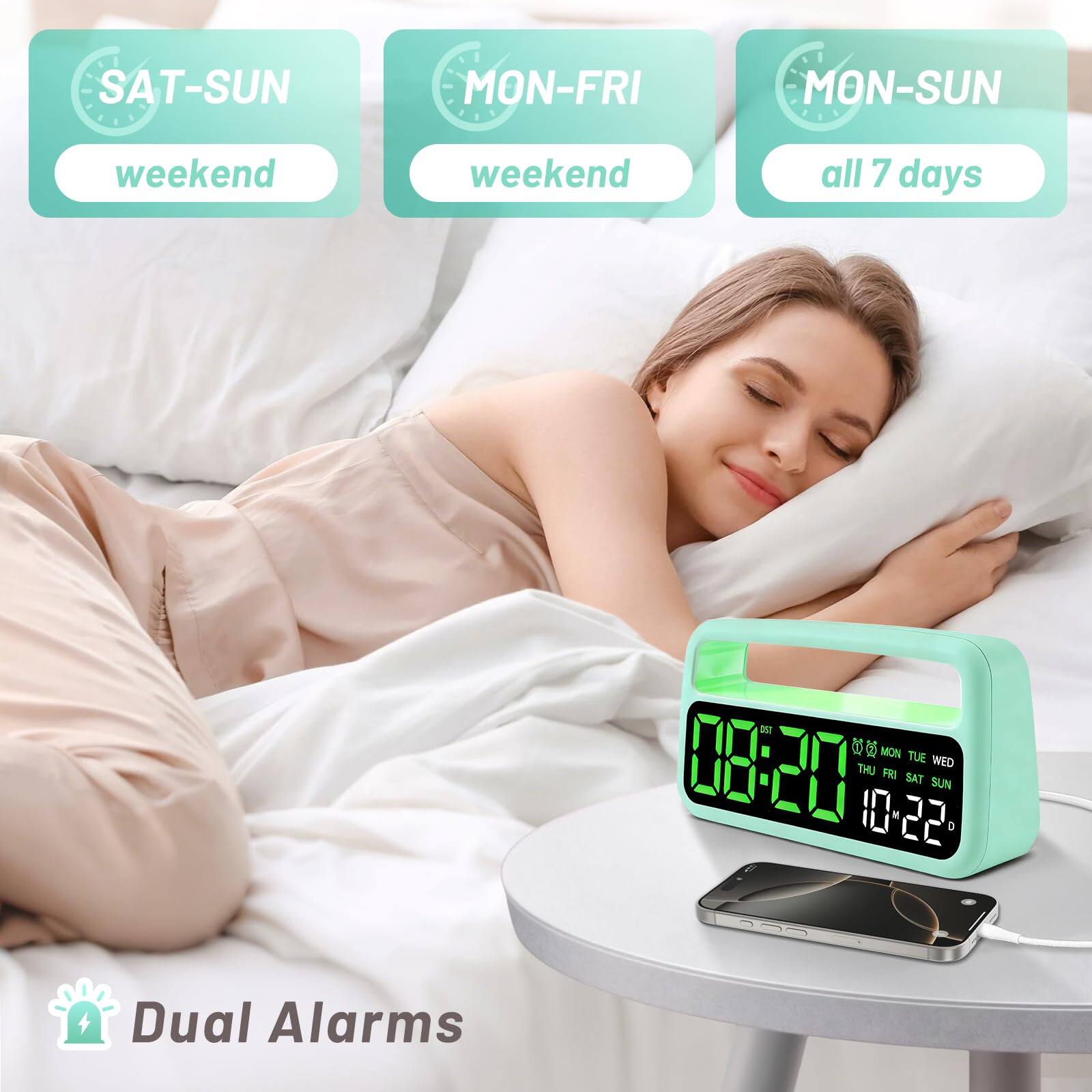 SAT-SUN weekend  
MON-FRI weekend  
MON-SUN all 7 days  

08:20  
MON TUE WED THU FRI SAT SUN  

Dual Alarms