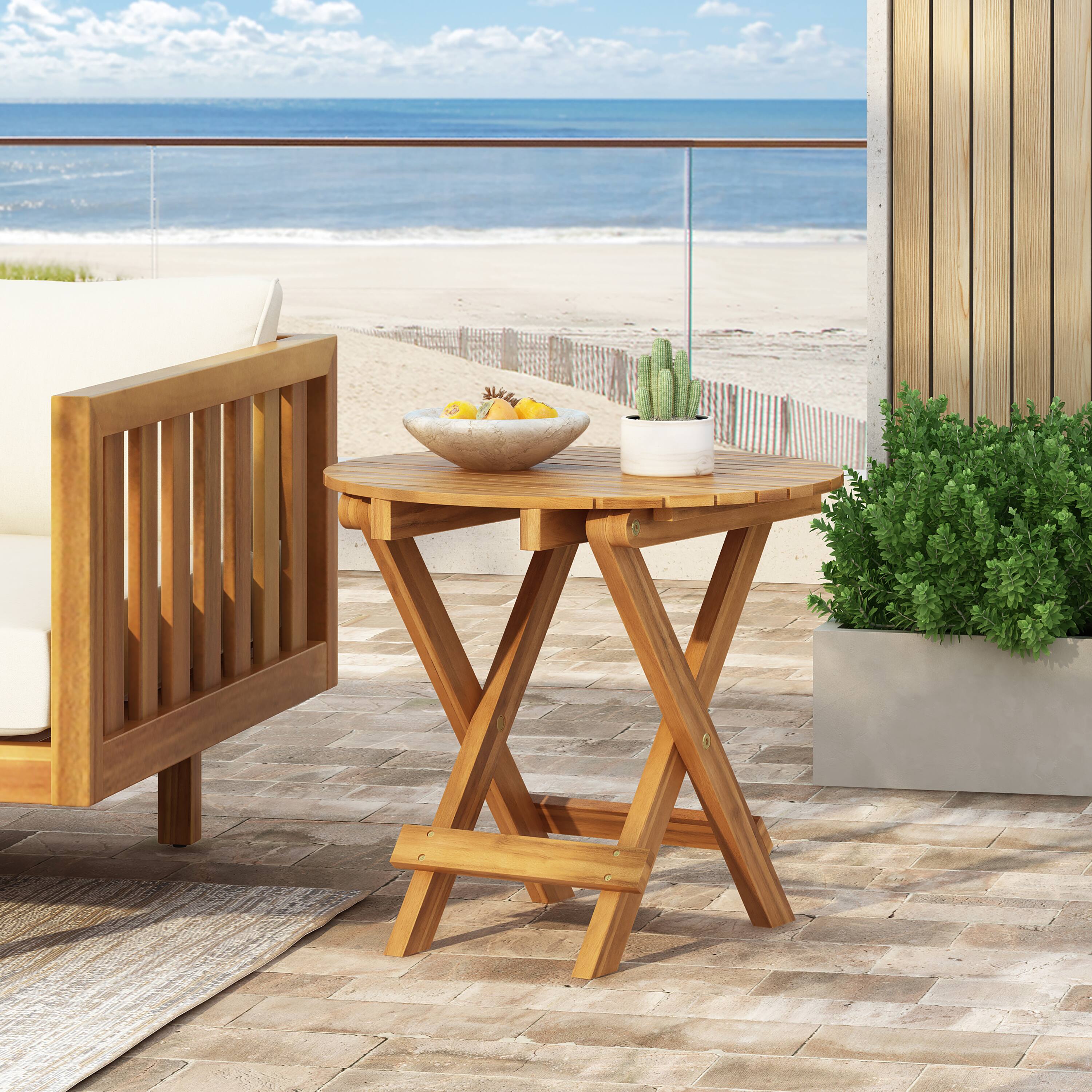 Left. APRILSOUL - Patio Set Outdoor Acacia Wood Modern Club Chair Conversation Set Foldable End Table Brown Patina Cream Cushion - Brown,Cream,Teak.