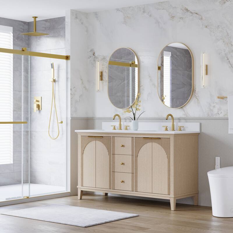 Angle. WELLFOR - 60 in Modern Solid Wood Bathroom Vanity with Double Sink, Bathroom Cabinet with Soft-Close 4 Doors& 3 Drawers - Oak.