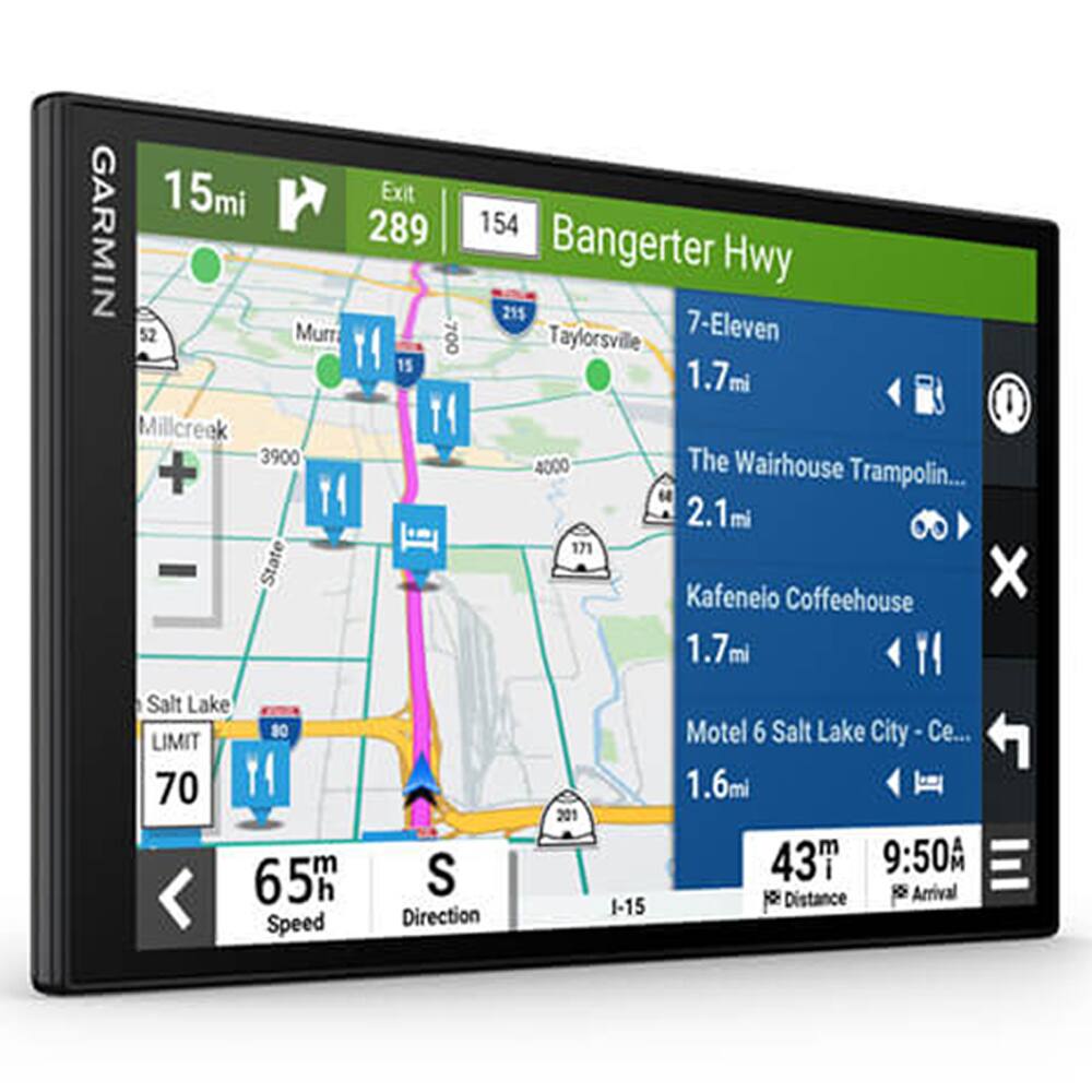 15mi Exit GARMIN 289 52 Mum 700 15 Millcreek 3900 + - State 154 Bangerter Hwy 215 Taylorsville 7-Eleven 1.7m 4000 The Wairhouse Trampoline 2.1m 171 Kafenelo Coffeehouse 1.7ml Salt Lake DE LIMIT 70 65h Speed S Direction 201 1-15 Motel 6 Salt Lake City ty-Ce 1.6mi E m A 43' 9:50 Distance I Arrival