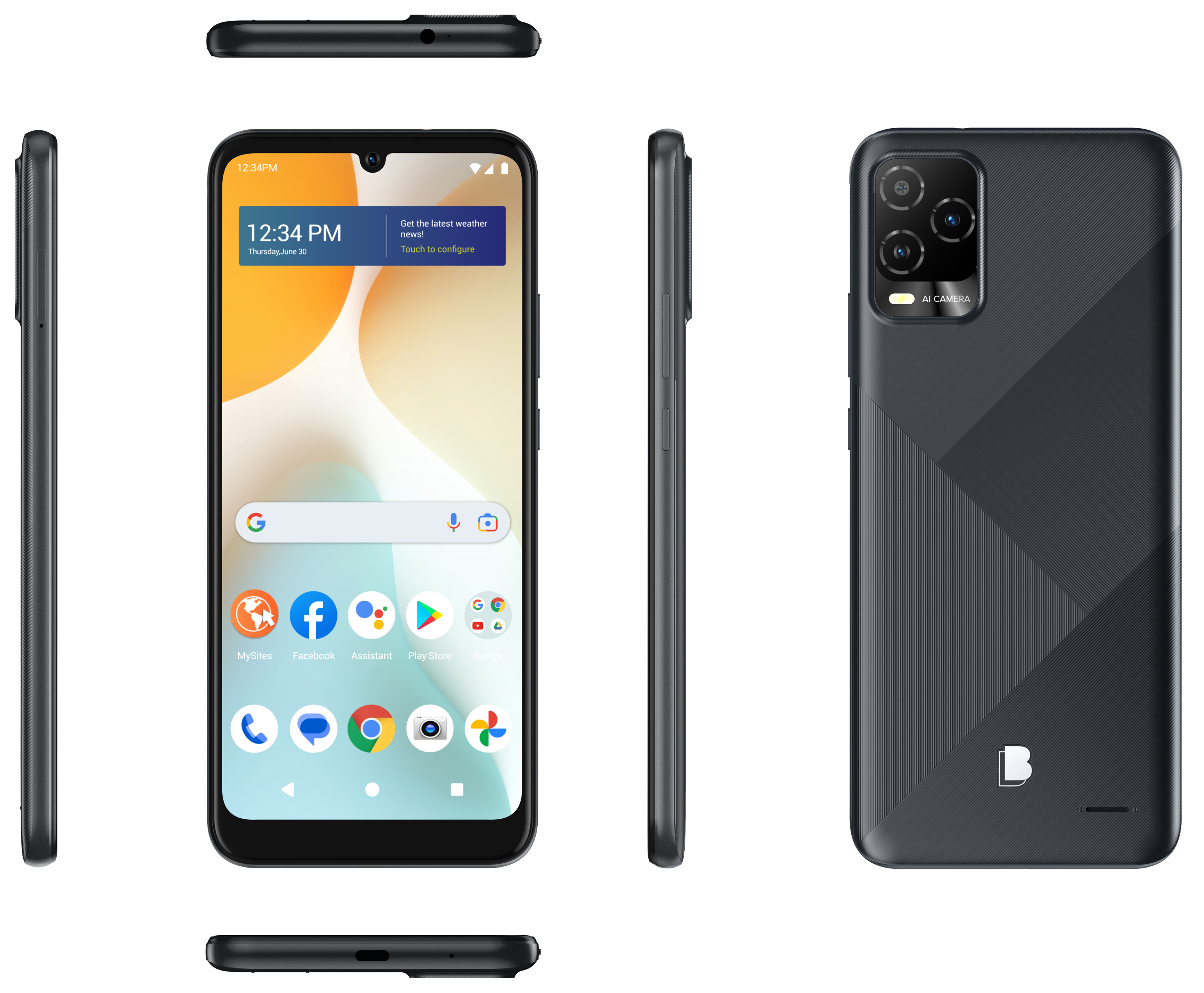 12:34 PM, Thursday, June 30, Get the latest weather news, Touch to configure, MySites, Facebook, Assistant, Play Store, AI CAMERA