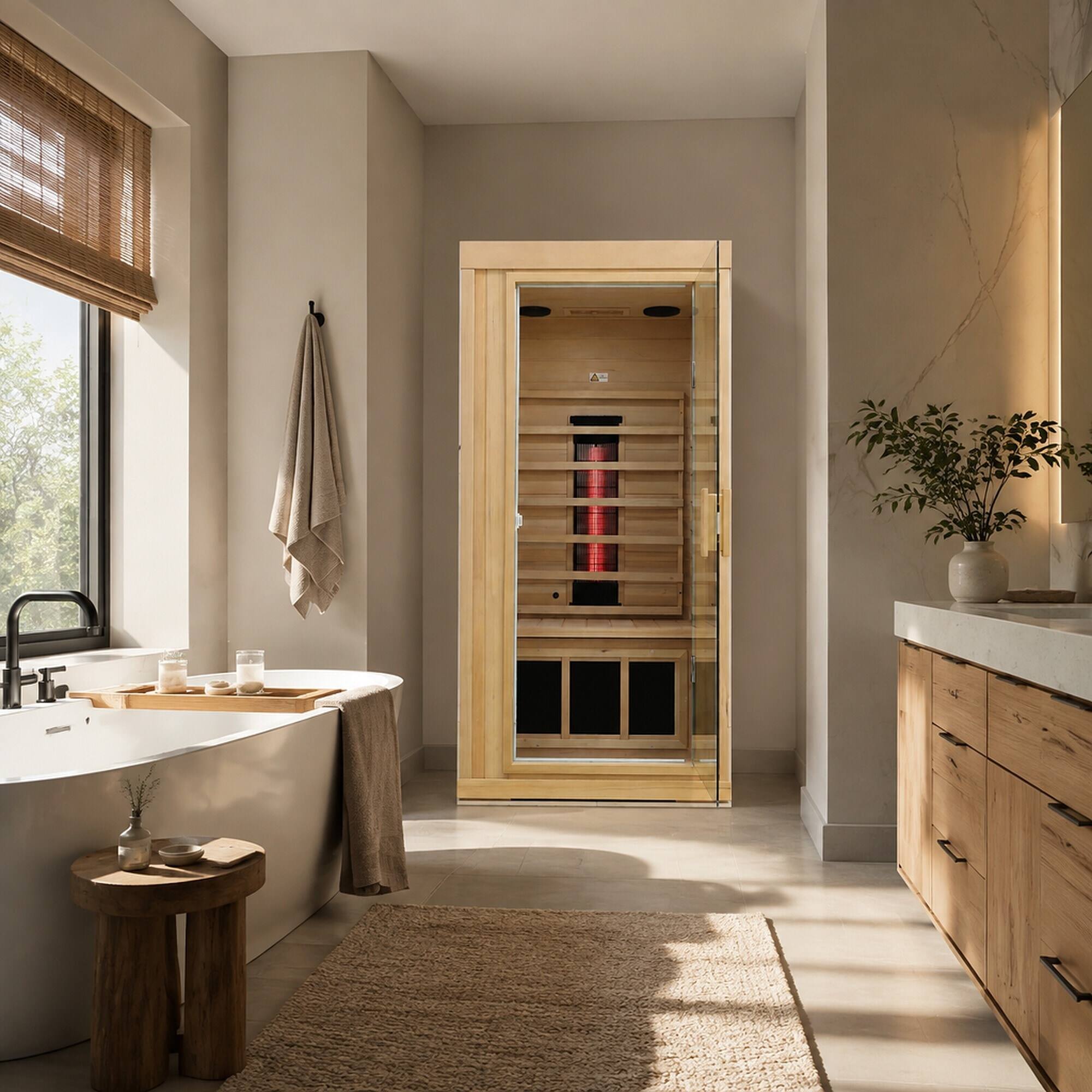 Back. RYHNUYNE - Single Mini Hemlock Sauna, Canadian Eastern Hemlock Wood, Low EMF Far Infrared, Home Relaxation - Natural.