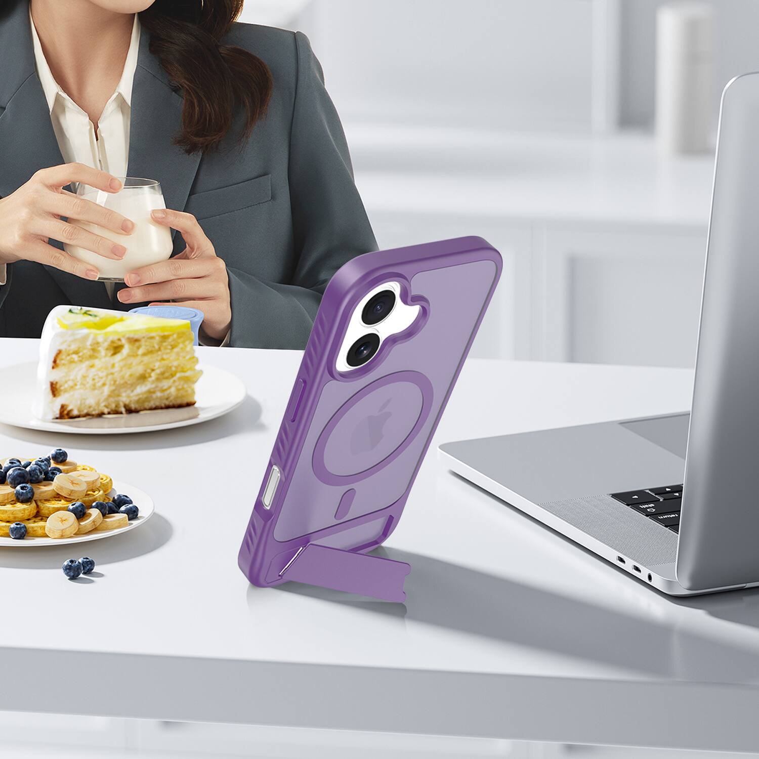 Alt View 3. Dteck - for Apple iPhone 17 Translucent Matte Case,Shockproof Stand Slim Mag Safe Cover with Glass Screen - Darkpurple.