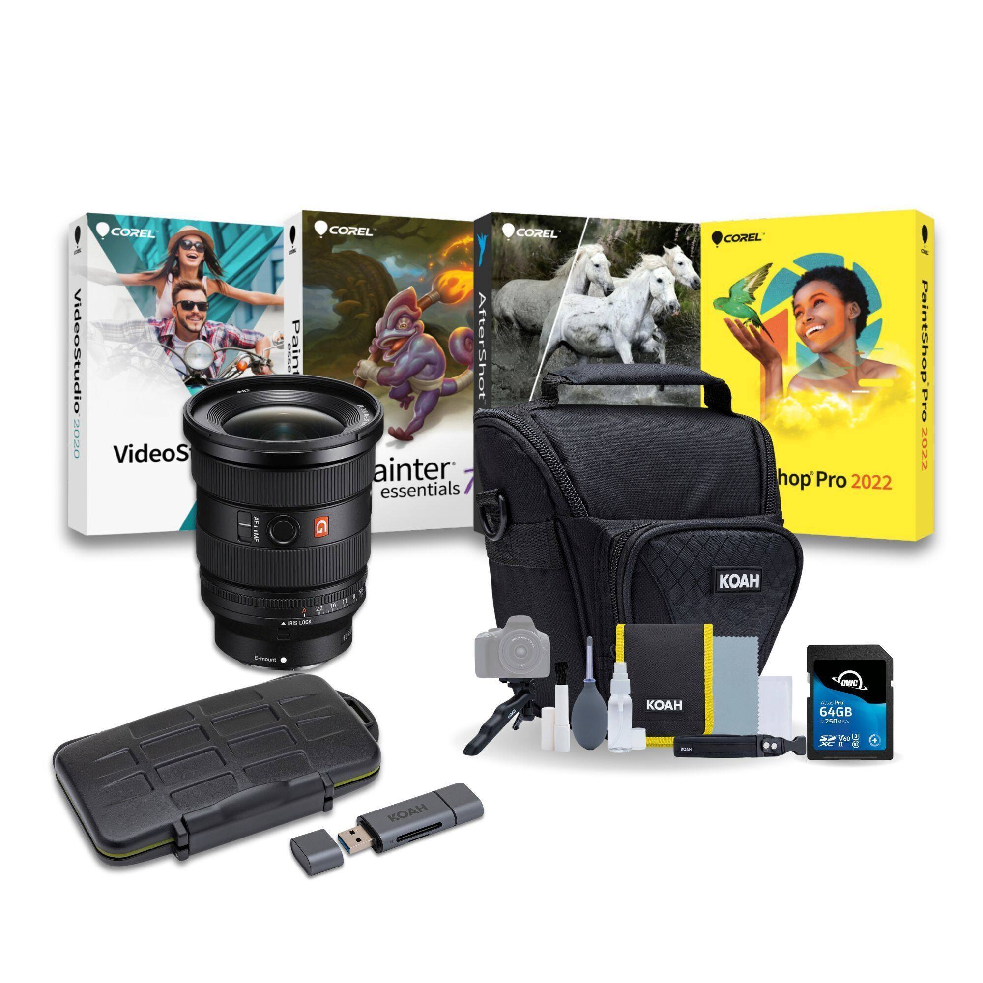 - VideoStudio 2022
- PaintShop Pro 2022
- AfterShot Pro 2022
- Painter Essentials 7
- 64GB SD Card
- KOAH Camera Lens
- KOAH Camera Bag
- KOAH Camera Accessories (including lens cap, cleaning kit, etc.)
- KOAH Portable SSD
- KOAH USB Flash Drive