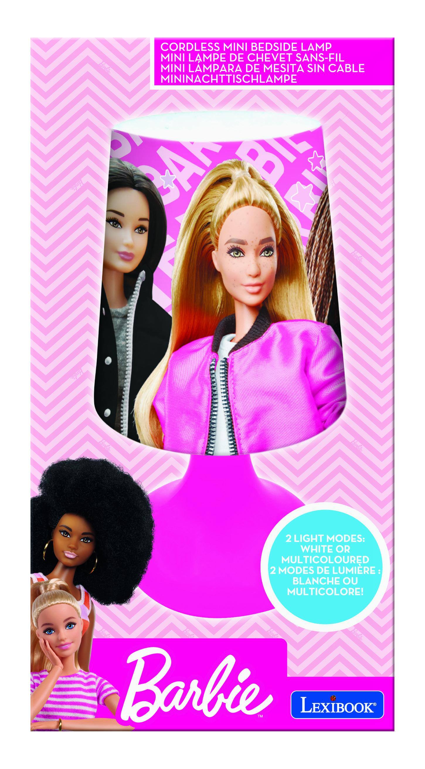 CORDLESS MINI BEDSIDE LAMP  
MINI LAMPE DE CHEVET SANS-FIL  
MINI LAMPARA DE MESITA SIN CABLE  
MININACHTTISCHLAMPE  

2 LIGHT MODES: WHITE OR MULTICOLOURED  
2 MODES DE LUMIÈRE: BLANCHE OU MULTICOLORE!  

Barbie  
LEXIBOOK