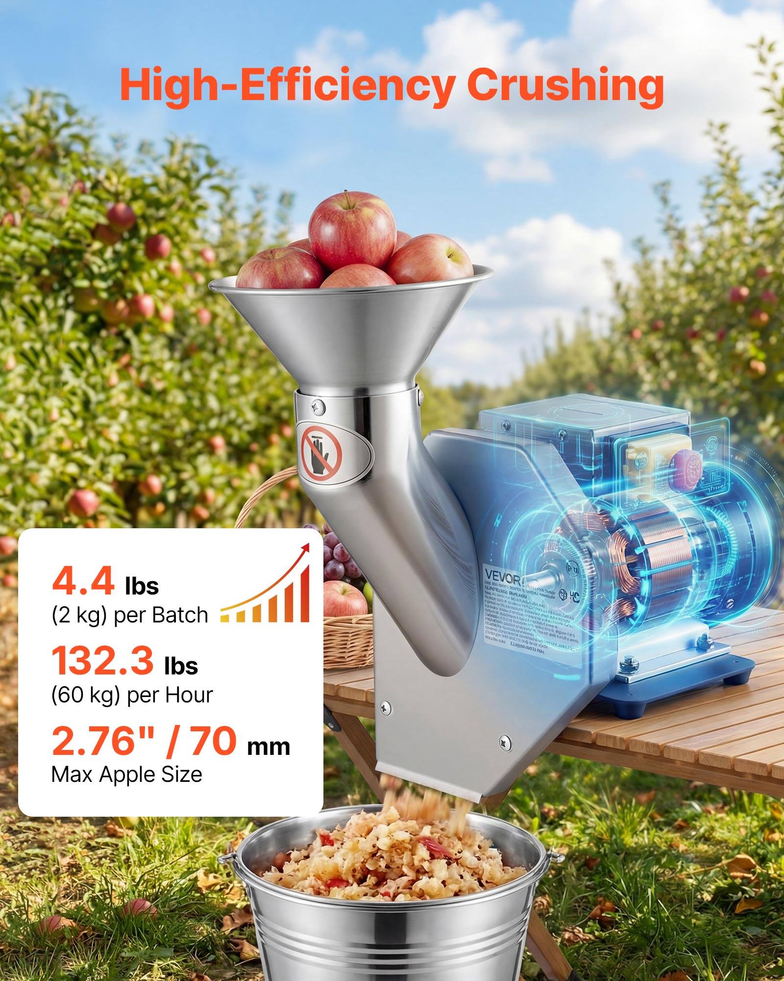 High-Efficiency Crushing

4.4 lbs (2 kg) per Batch  
132.3 lbs (60 kg) per Hour  
2.76" / 70 mm Max Apple Size

VEVOR! 2015  
$ 3
