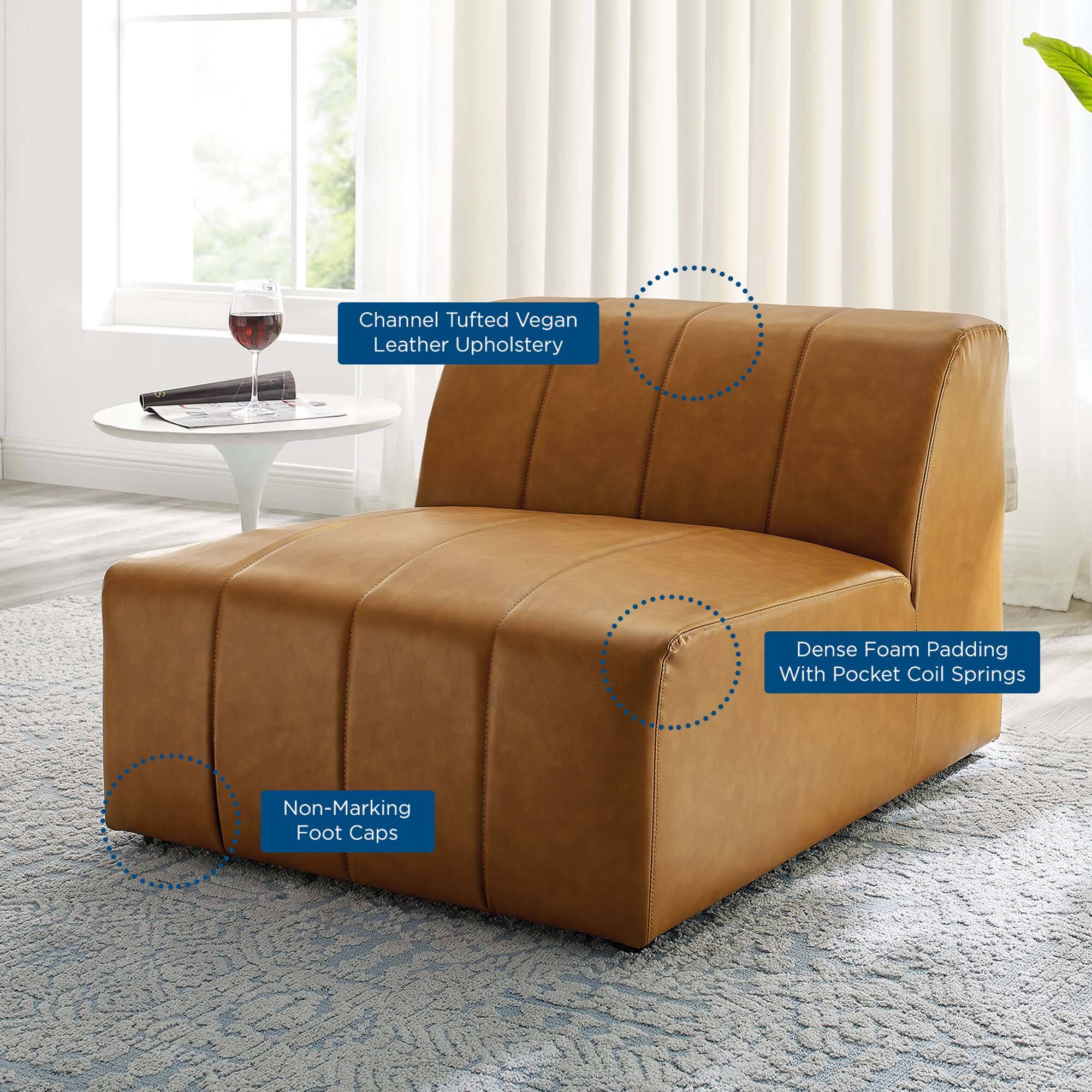 Channel Tufted Vegan Leather Upholstery  
Dense Foam Padding With Pocket Coil Springs  
Non-Marking Foot Caps