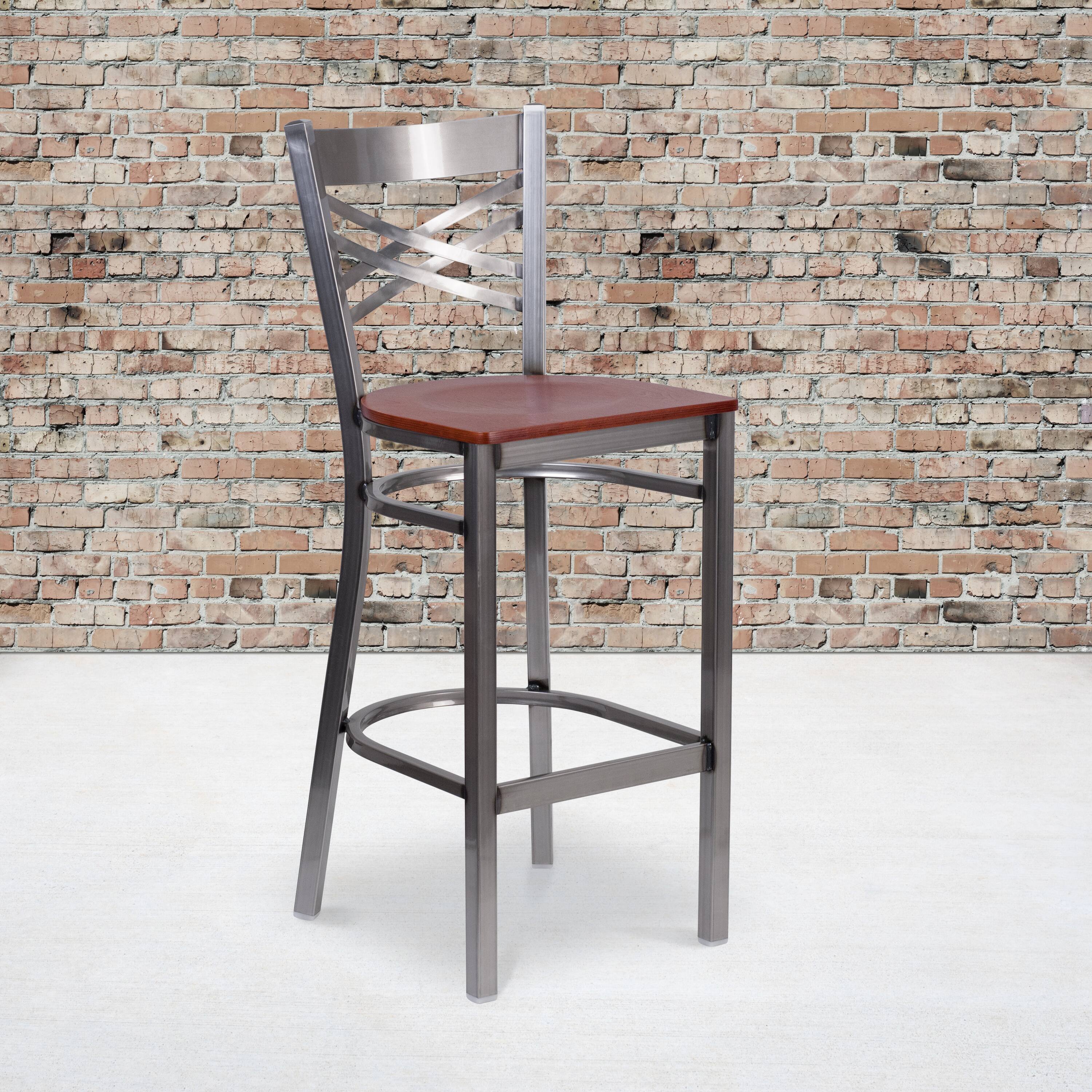 Alt View 1. Emma + Oliver - Clear Coated "X" Back Metal Restaurant Dining Barstool - Cherry Wood Seat/Clear Coated Metal Frame.