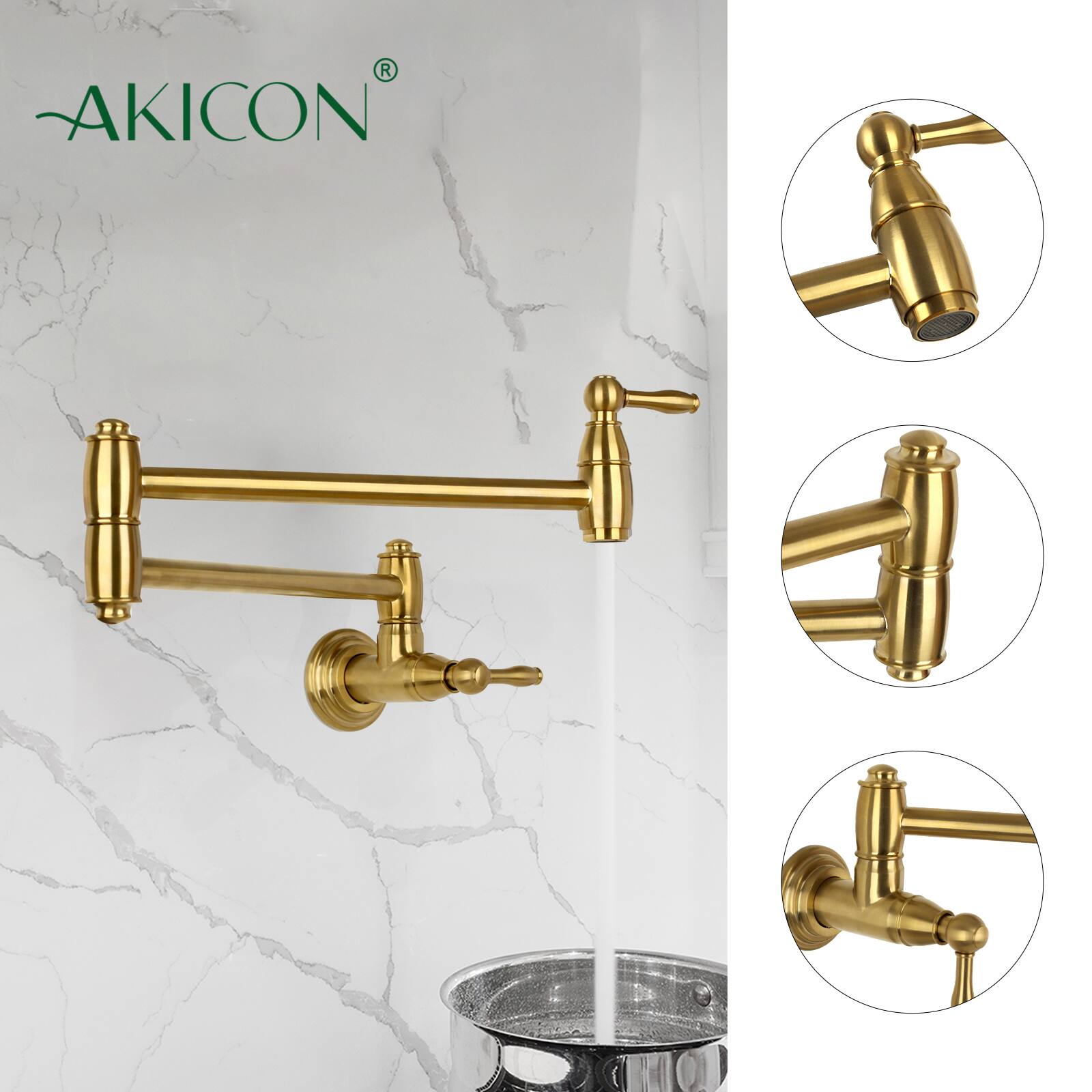 Alt View 2. Akicon - Akicon Wall-Mounted Solid Brass Pot Filler Kitchen Faucet with Dual Joint Swing Arms for Stovetop in Brushed Gold - Brushed Gold.