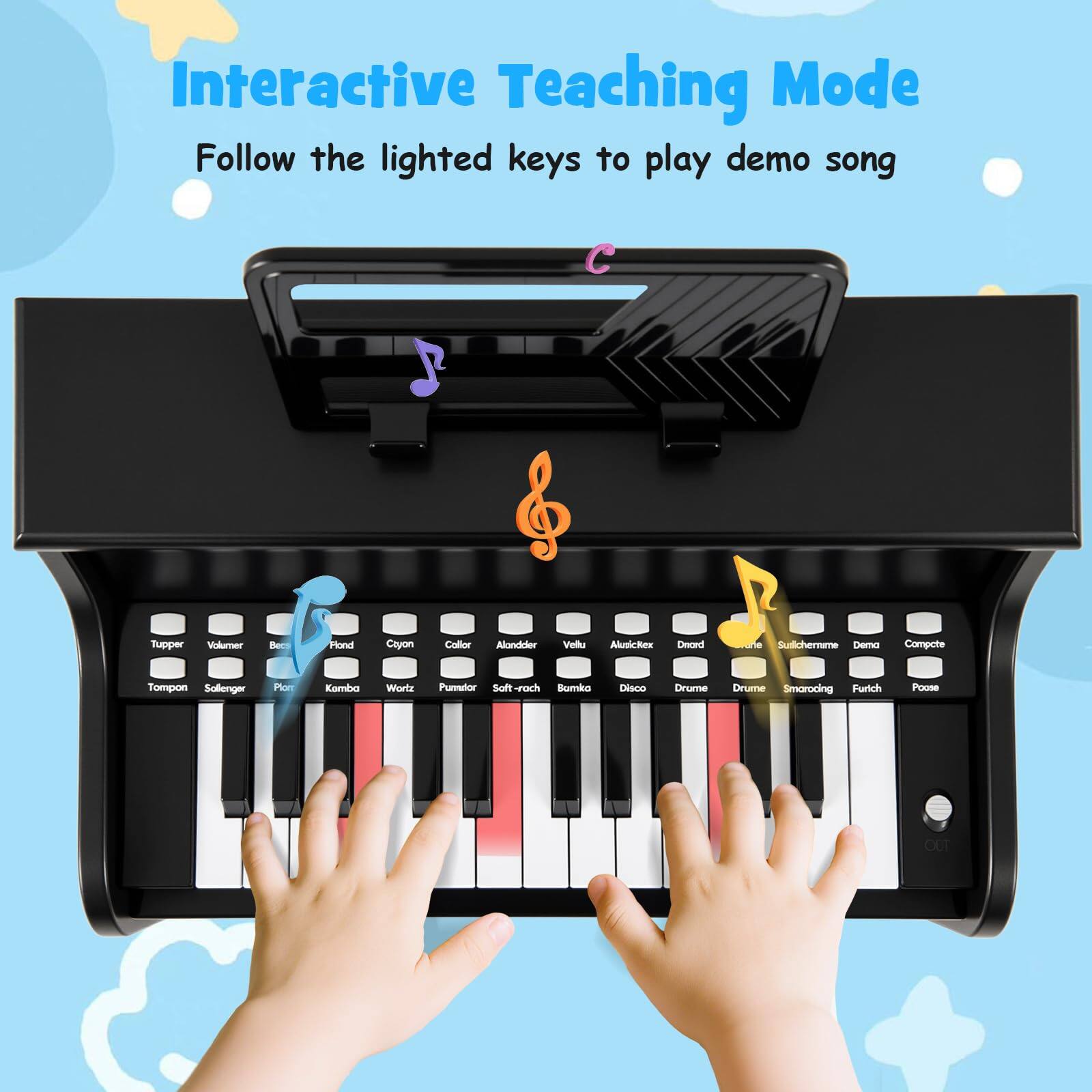 Interactive Teaching Mode  
Follow the lighted keys to play demo song  

C  
Tupper  
Volumer  
Bem  
Hond  
Coyon  
Collor  
Alundder  
Viedu  
Alusichex  
Deceed  
Suilcherrume  
Dema  
Compote  
Tompon  
Sulonger  
Plem  
Camho  
Worla  
Purmalo  
Soft-rach  
Berrko  
Disco  
Drume  
Drume  
Smaroing  
Furch  
Poone  
OUT
