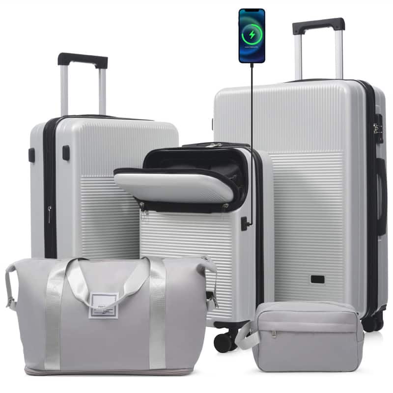 HTUTWOO - Luggage Sets 5 Piece - Half-Opening Hardside Carry-On Suitcase, Double Spinner Wheel,Lightweight Travel Luggage,TSA Lock - Silver