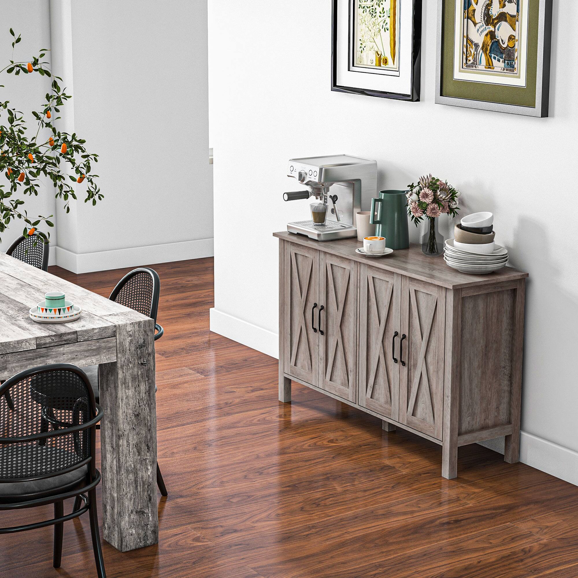 Alt View 7. Homcom - Buffet with 4 Barn Doors and 2 Adjustable Shelves, Kitchen Buffet Cabinet for Living Room - Gray.