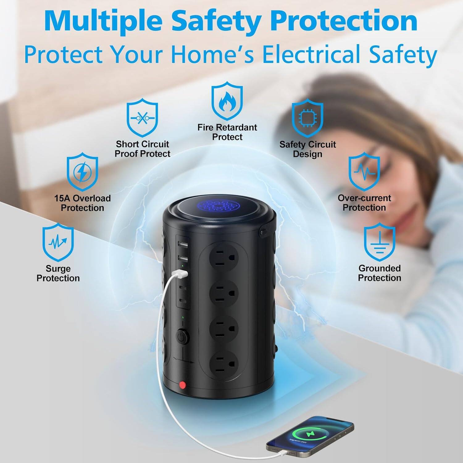 Multiple Safety Protection  
Protect Your Home's Electrical Safety  

- Short Circuit Proof Protect  
- Fire Retardant Protect  
- Safety Circuit Design  
- 15A Overload Protection  
- Over-current Protection  
- Surge Protection  
- Grounded Protection