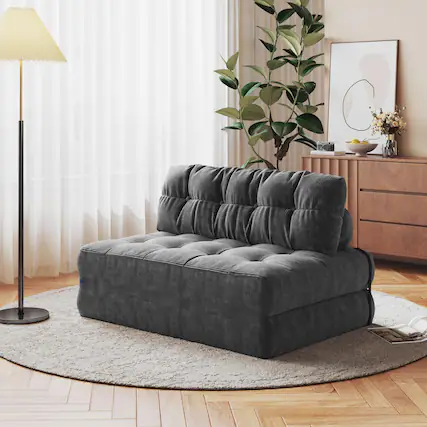 Front. Jojoka - Folding Sofa Bed, Convertible Futon Sleeper Chair with Headrest, Lumbar Pillow, Loveseat - Gray.
