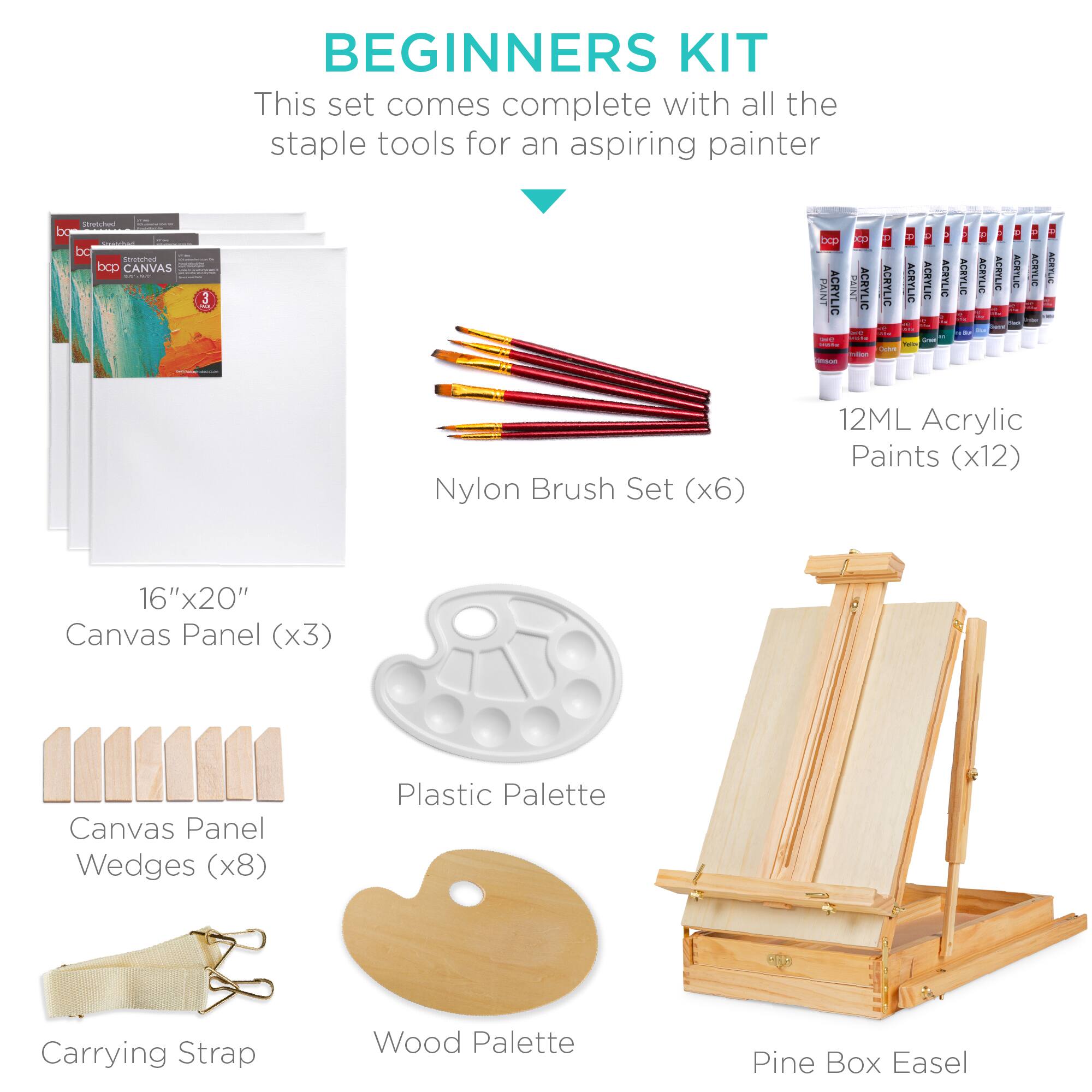 BEGINNERS KIT

This set comes complete with all the staple tools for an aspiring painter

- Nylon Brush Set (x6)
- 12ML Acrylic Paints (x12)
- 16"x20" Canvas Panel (x3)
- Canvas Panel Wedges (x8)
- Plastic Palette
- Carrying Strap
- Wood Palette
- Pine Box Easel